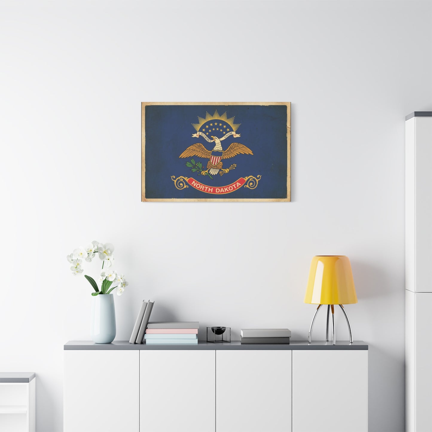 North Dakota Flag Canvas Wall Art - E Pluribus Unum Vintage State Banner Print - Patriotic Blue Eagle Emblem Decor - Rustic Americana Style - Ready to Hang - Living Room Wall Decor - Ready to Hang