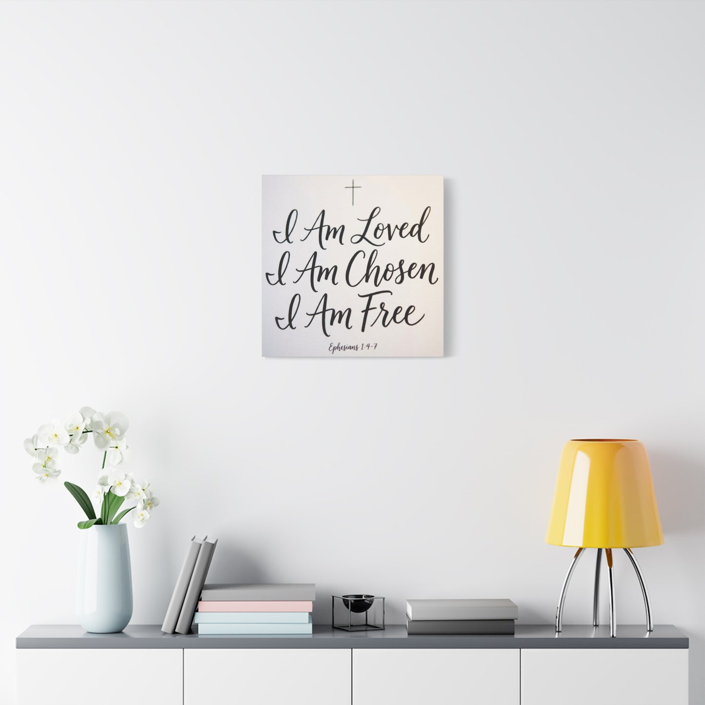 "I Am Loved, Chosen, Free" Christian Canvas Wall Art - Ephesians 1:4-7 Scripture Cross Print - Neutral Typography Decor - Bedroom Home Decoration, Living Room Wall Decor - Ready to Hang
