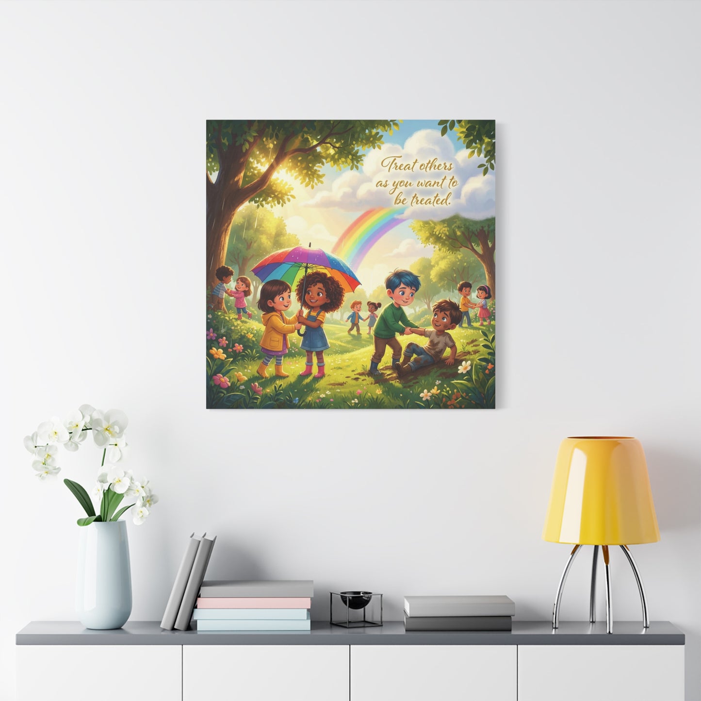 "Treat Others As You Want To Be Treated" Kids Canvas Wall Art - Rainbow Kindness Quote, Children Helping In Sunny Park - Matte Cotton Print - Playroom Classroom Decor, Nursery Wall Hanging