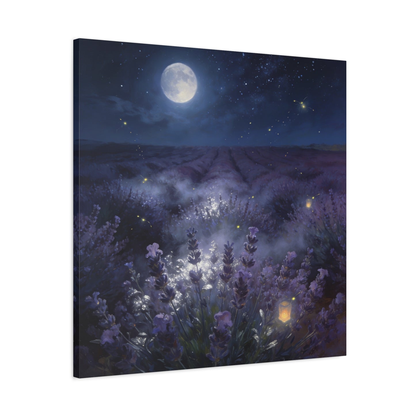 Moonlit Lavender Field Canvas Wall Art - Firefly Night Landscape, capiz shells wall decor - Matte Cotton Art Print, Calming Traditional Style - Bedroom Home Decoration, Office Wall Art - Ready to Hang