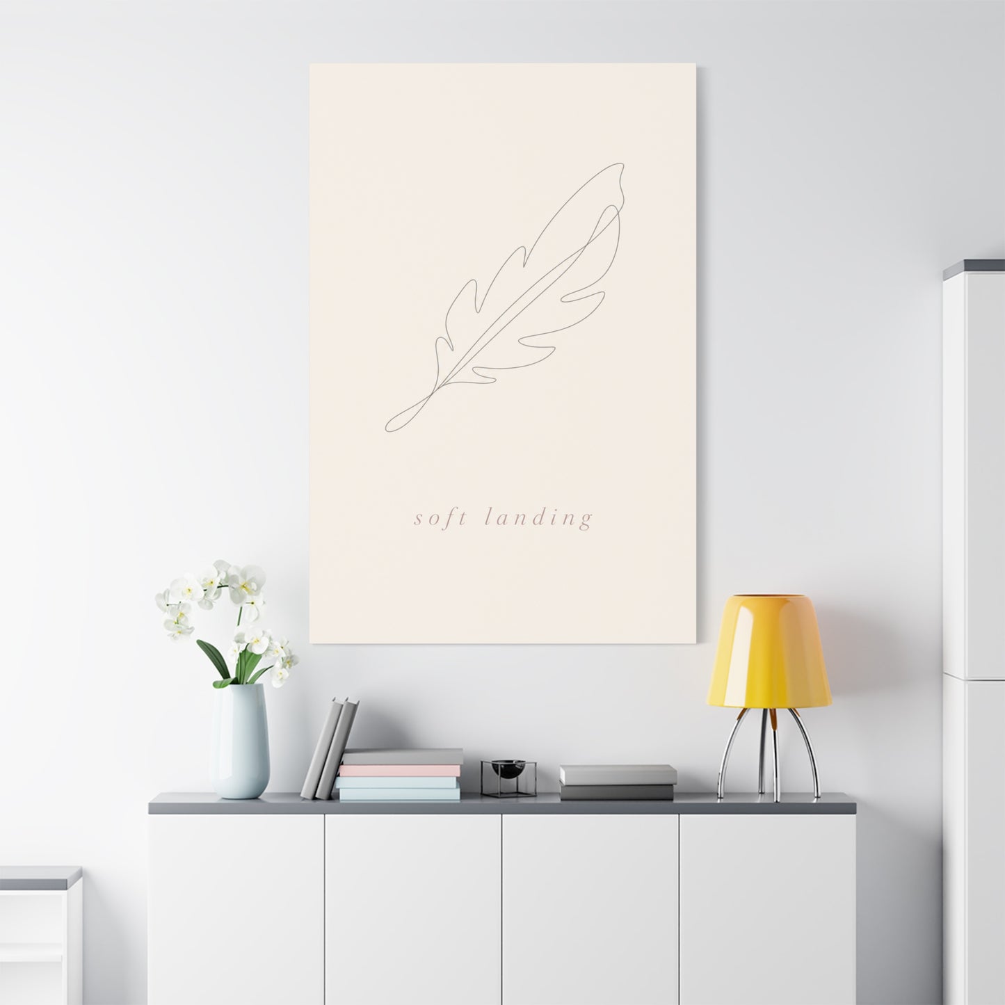 "Soft Landing" Feather Canvas Wall Art - Minimalist Line Drawing, Neutral Beige Cotton Print - Contemporary Bedroom Wall Decor, Nursery Home Decoration, Calming Office Accent - Bedroom Home Decoration