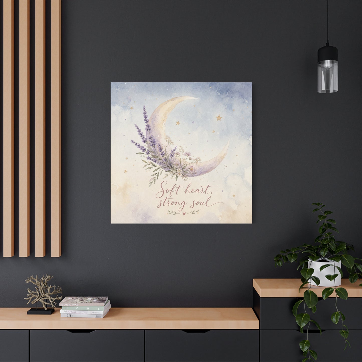 "Soft Heart, Strong Soul" Moon Canvas Wall Art - Lavender Floral Celestial Quote Print - Watercolor Nursery Bedroom Decor - Bohemian Home Decoration - Office Wall Art - Bedroom Home Decoration