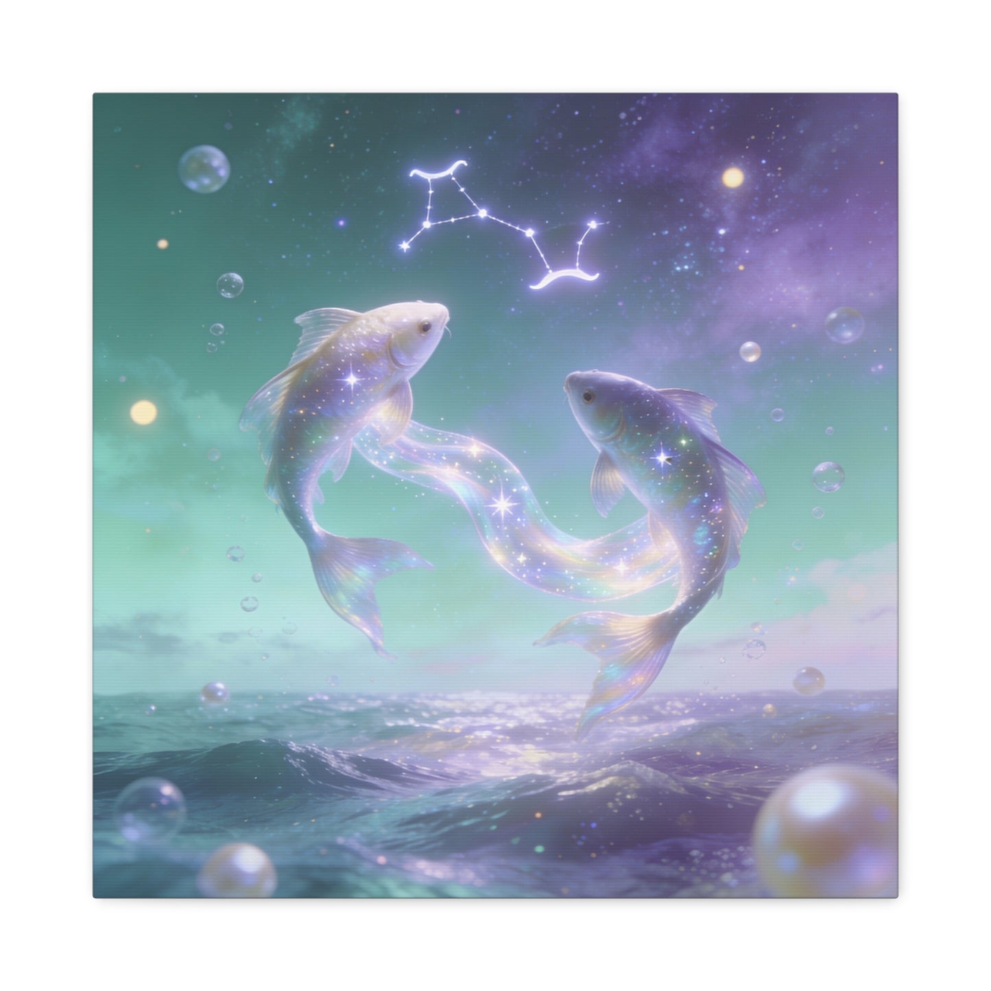 Pisces Fish Canvas Wall Art - Celestial Ocean Zodiac Illustration, Dreamy Aurora Nightscape, Matte Cotton Print, Mystical Bedroom Accent, Meditation Space Piece, Office Interior Style - Ready to Hang