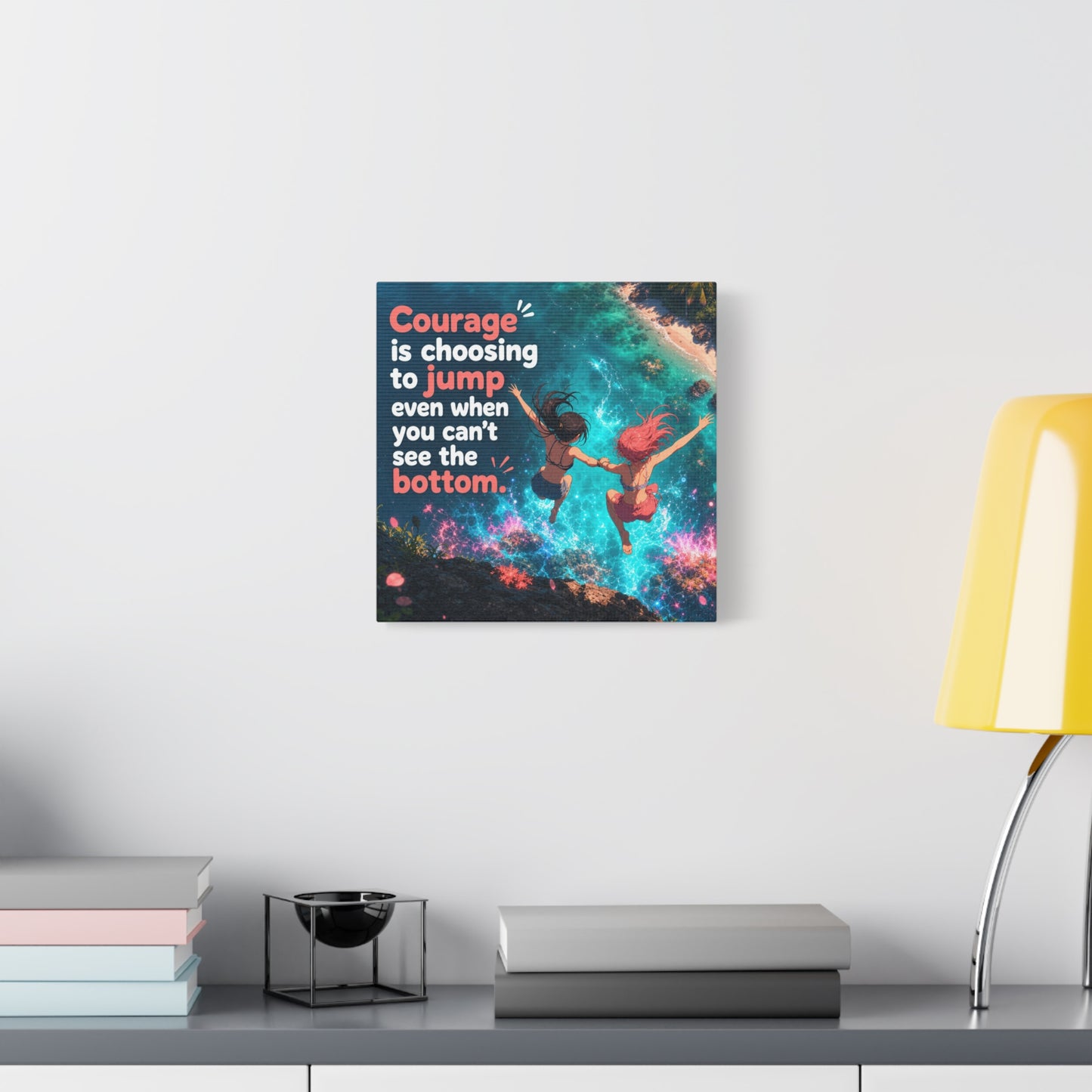 "Courage Is Choosing To Jump Even When You Can't See The Bottom" Canvas Wall Art - Coastal Quote Illustration, Inspirational Ocean Cliff Scene, Bedroom Wall Decor, Teen Space Accent - Ready to Hang