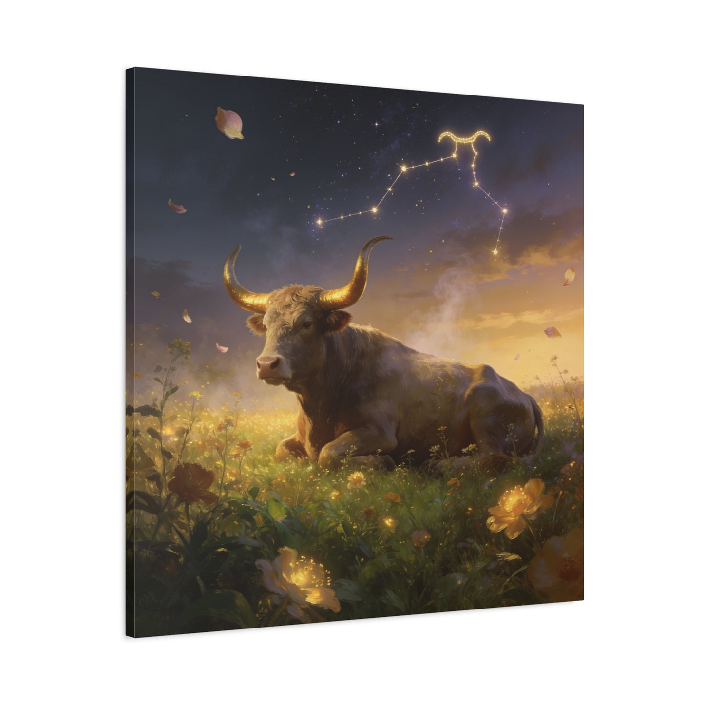 Taurus Zodiac Bull Canvas Wall Art - Celestial Constellation Night Meadow, Golden Horns, Dreamy Illustration - Matte Cotton Print - Bedroom Home Decoration, Office Wall Decor - Bedroom Home Decoration