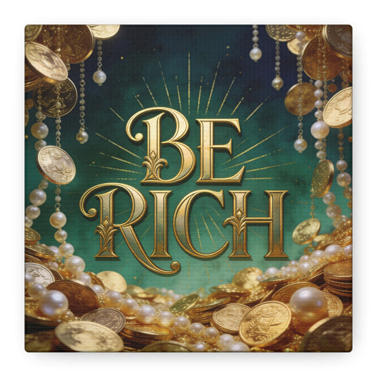 "Be Rich" Typography Canvas Art Print - Gold Coins, Pearls, Emerald Background - Vintage Luxe Style, Matte Finish Canvas, Living Room Decor, Office Accent, Gallery Wrapped Statement Piece