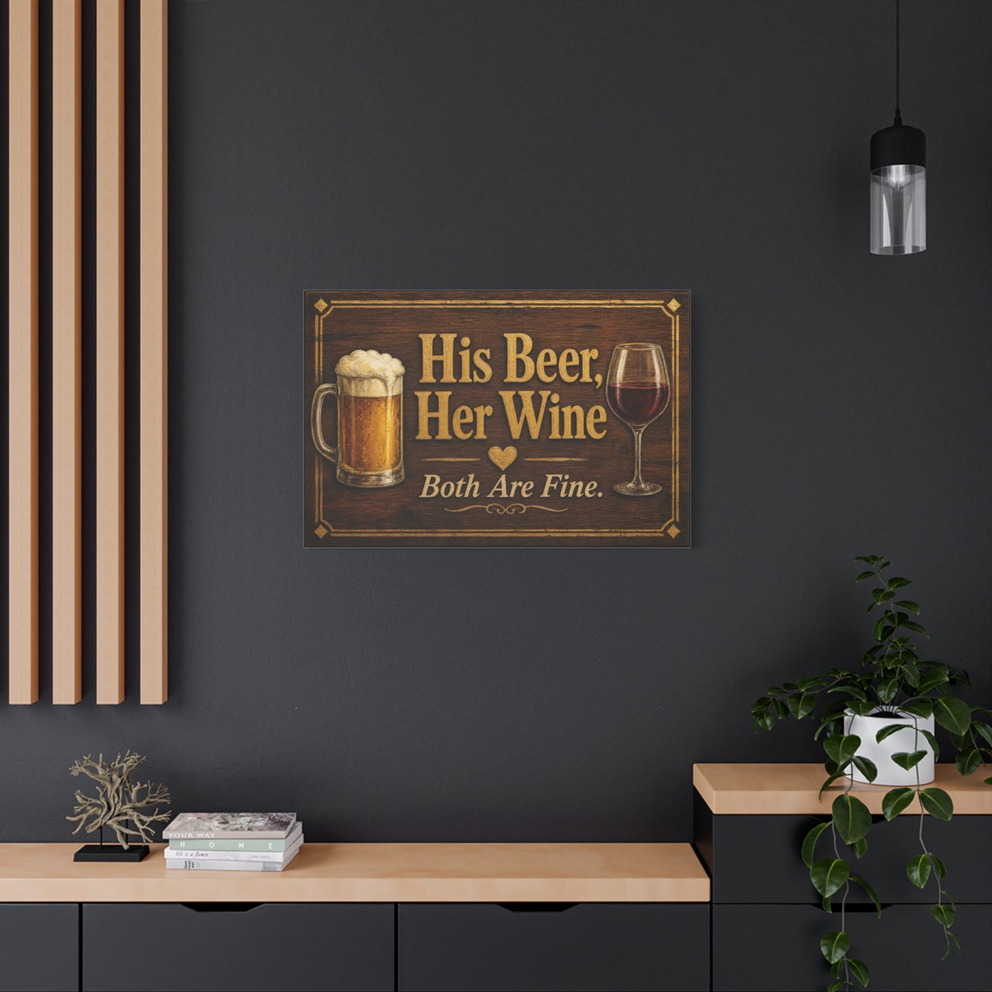 "His Beer, Her Wine Both Are Fine." Canvas Wall Art - Rustic Bar Sign, Beer Mug And Red Wine Glass Quote Print - Vintage Brown Wood Look Typography - Pub Wall Art - Cocktail Lounge Decor