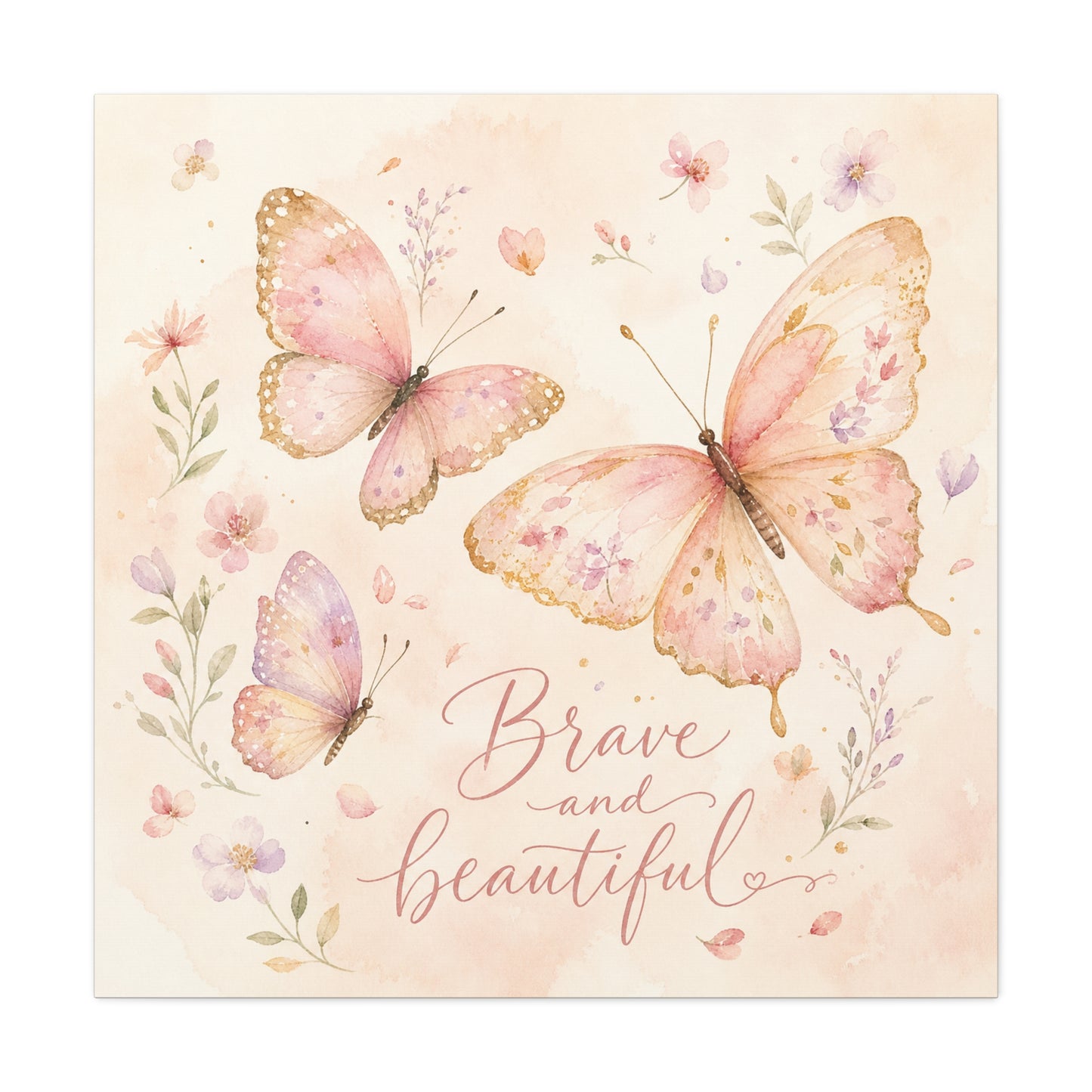 "Brave And Beautiful" Butterfly Canvas Wall Art - Pink Floral Watercolor Quote Print - Inspirational Girls Bedroom Decor - Nursery Wall Hanging - Bedroom Home Decoration - Modern Farmhouse Style