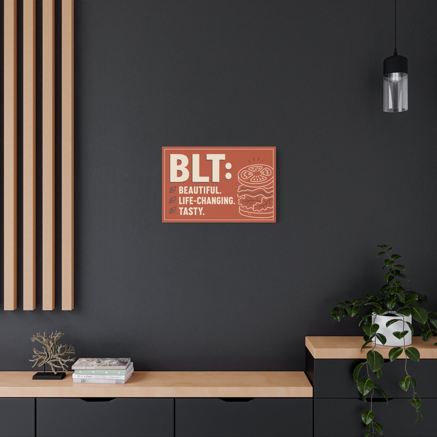 "BLT: Beautiful. Life-Changing. Tasty." Canvas Wall Art - Retro Sandwich Decor - Typography Food Illustration - Modern Farmhouse Style - Deli Wall Decor - Sandwich Shop Sign - Gallery Wrapped Canvas