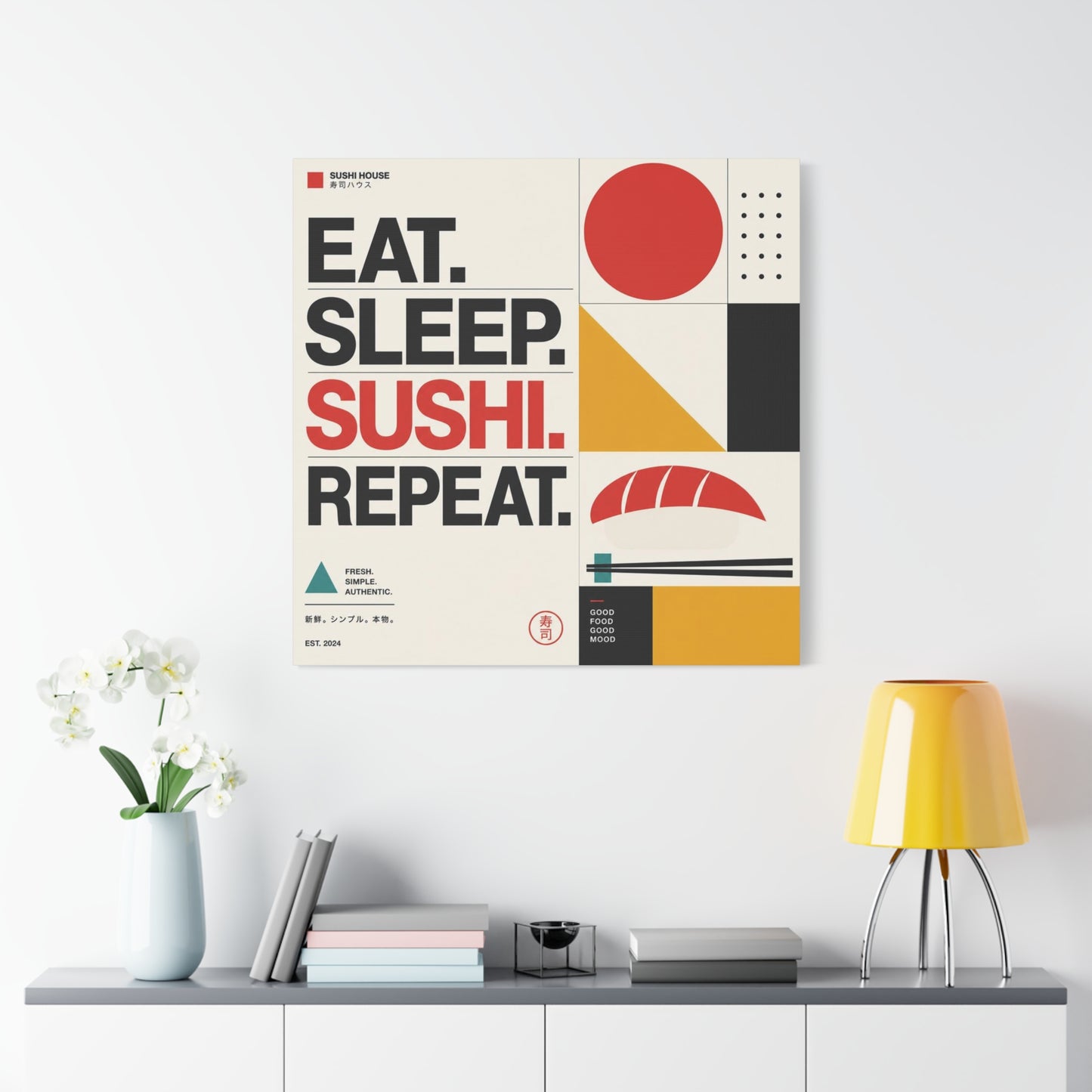 "Eat. Sleep. Sushi. Repeat." Sushi Canvas Wall Art - Japanese Typography Print, Geometric Food Poster Design - Modern Minimalist Cotton Canvas - Cafe Decor, Kitchen Accent, Dining Room Artwork