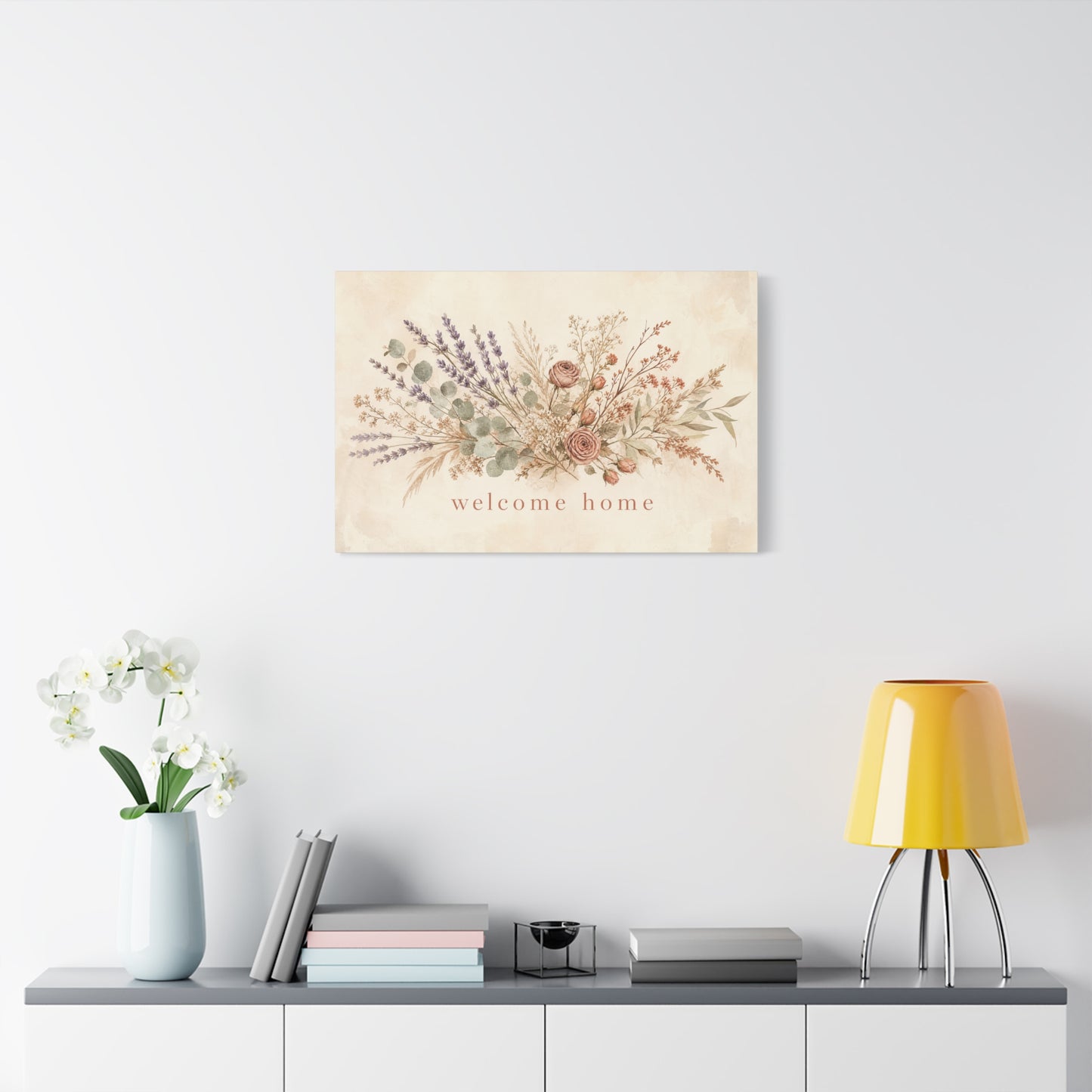 "Welcome Home" Floral Canvas Wall Art - Rustic Botanical Bouquet, Lavender Rose Eucalyptus Print - Farmhouse Wall Decor, Entryway Home Decoration - Ready to Hang - Modern Farmhouse Style