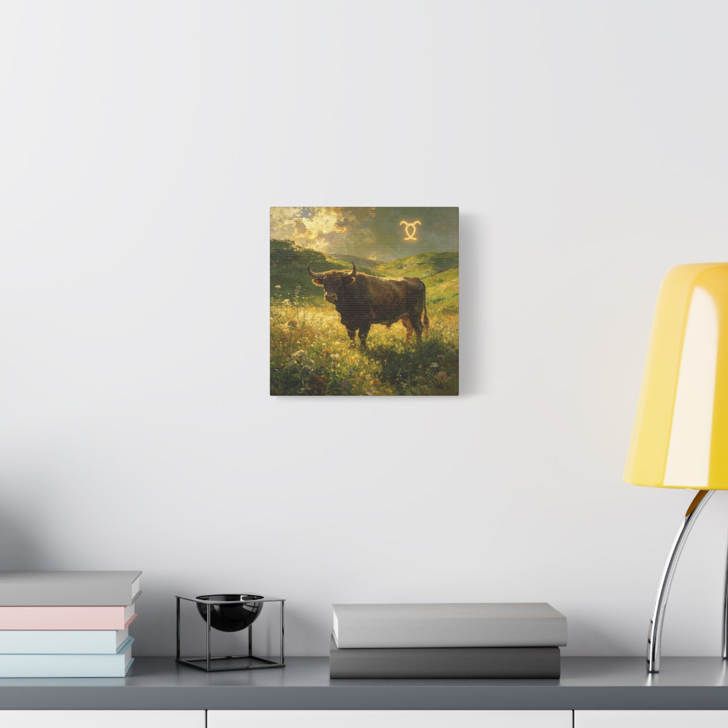 Taurus Bull Canvas Wall Art - Golden Meadow Landscape Painting, Zodiac Symbol, Rustic Contemporary Cotton Canvas Print, Living Room Wall Decor, Bedroom Home Decoration, Office Art Accent