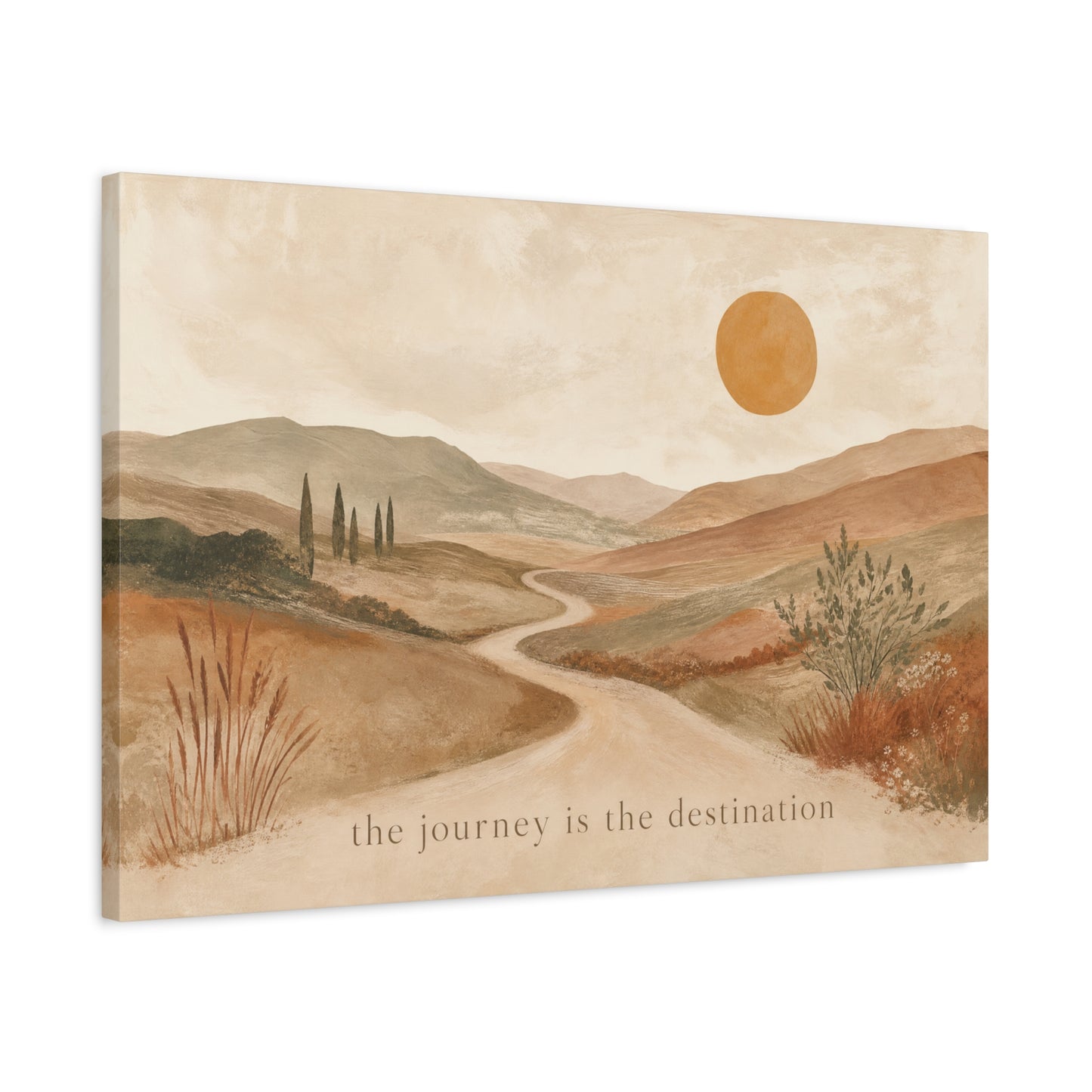 "The Journey Is The Destination" Landscape Canvas Wall Art - Desert Hills, Winding Path, Terracotta Sun - Minimalist Typography Print - Bedroom Wall Decor, Living Room Home Decoration - Ready to Hang
