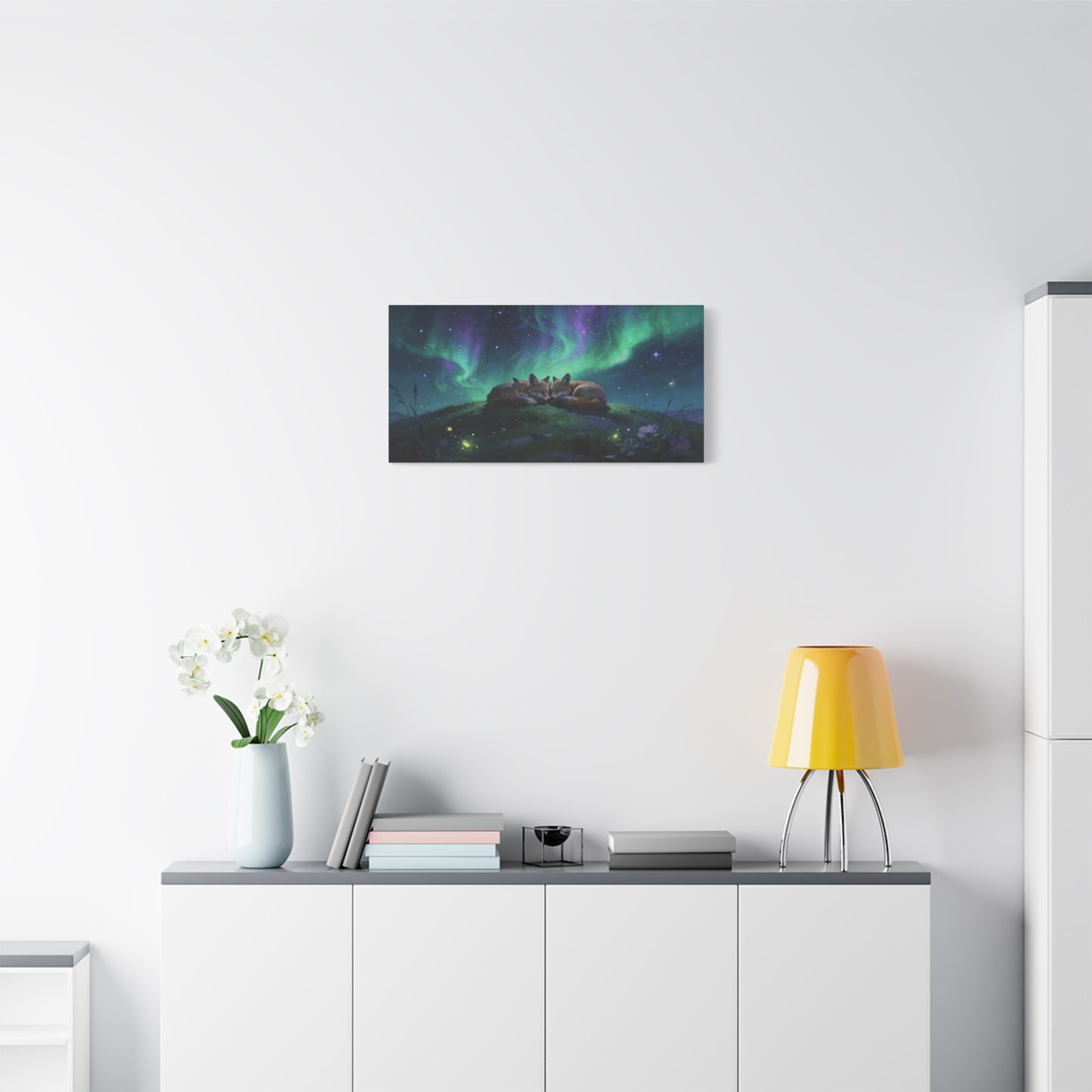 Sleeping Red Foxes Canvas Wall Art - Aurora Borealis Night Sky Animal Print - Dreamy Matte Canvas Print, Whimsical Wildlife Style - Bedroom Home Decoration, Nursery Wall Hanging - Ready to Hang