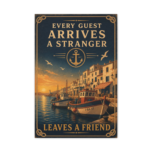 "Every Guest Arrives A Stranger Leaves A Friend" Nautical Canvas Wall Art - Vintage Harbor Sunset, Coastal Typography Print, Anchor Sailor Decor, Living Room Wall Decor - Bedroom Home Decoration