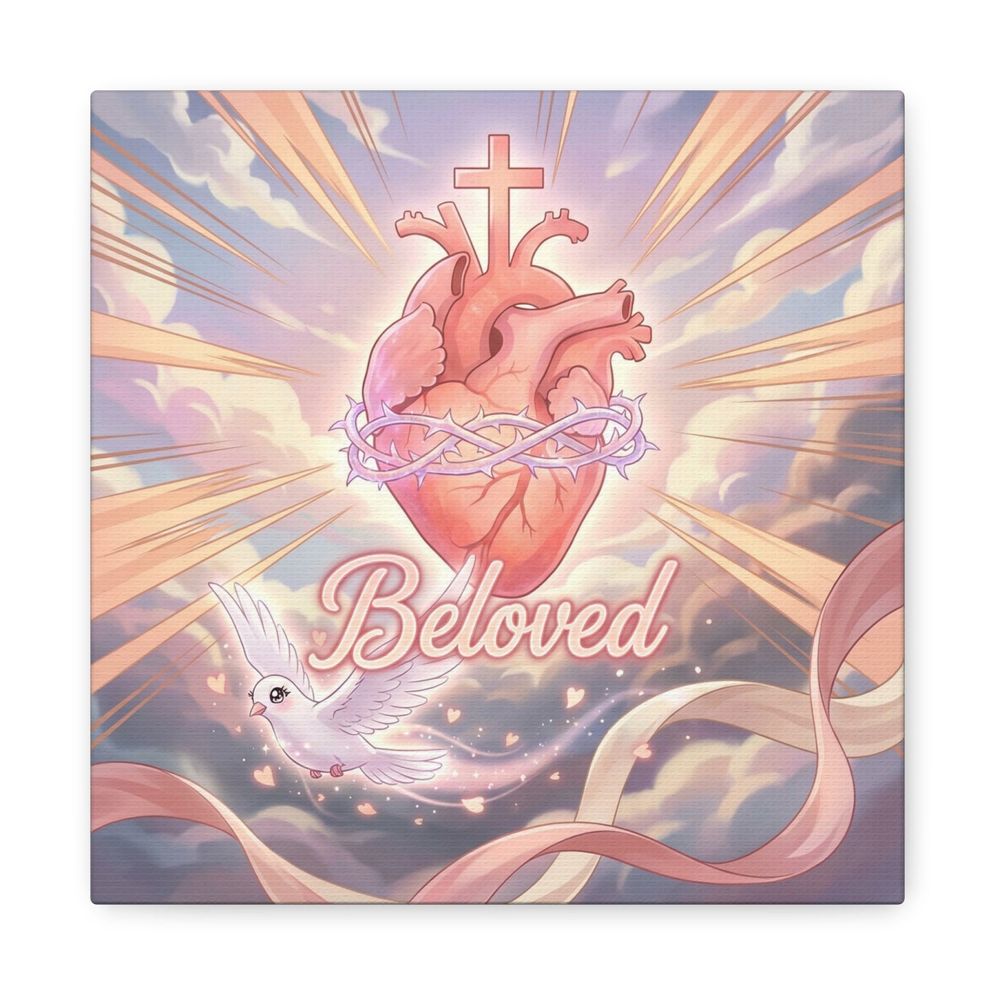 "Beloved" Sacred Heart Canvas Wall Art - Cross, Dove, Crown Of Thorns Christian Decor - Pink Pastel Religious Print - Inspirational Bedroom Home Decoration, Living Room Wall Decor - Ready to Hang