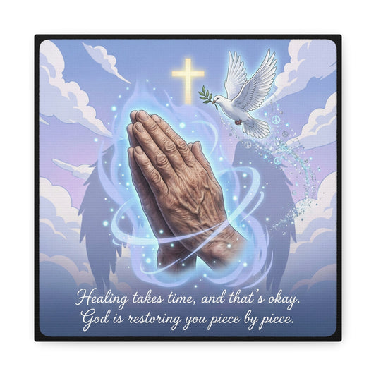 "Healing Takes Time, And That’s Okay. God Is Restoring You Piece By Piece." Christian Canvas Wall Art - Praying Hands, Dove, Cross - Faith Inspired Blue Sky Decor - Bedroom Living Room Office