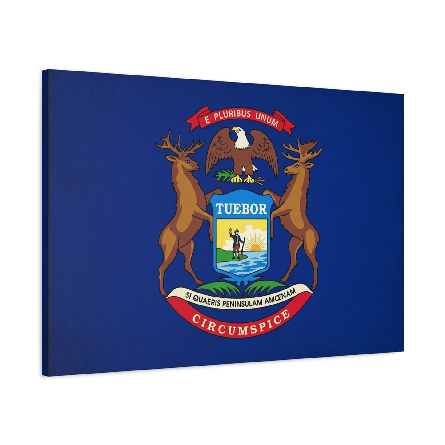 "E Pluribus Unum" Michigan State Flag Canvas Wall Art - Blue Crest With Elk Eagle And "Tuebor" - Vintage Heraldic Decor, Living Room Wall Decor, Office Art - Bedroom Home Decoration - Ready to Hang