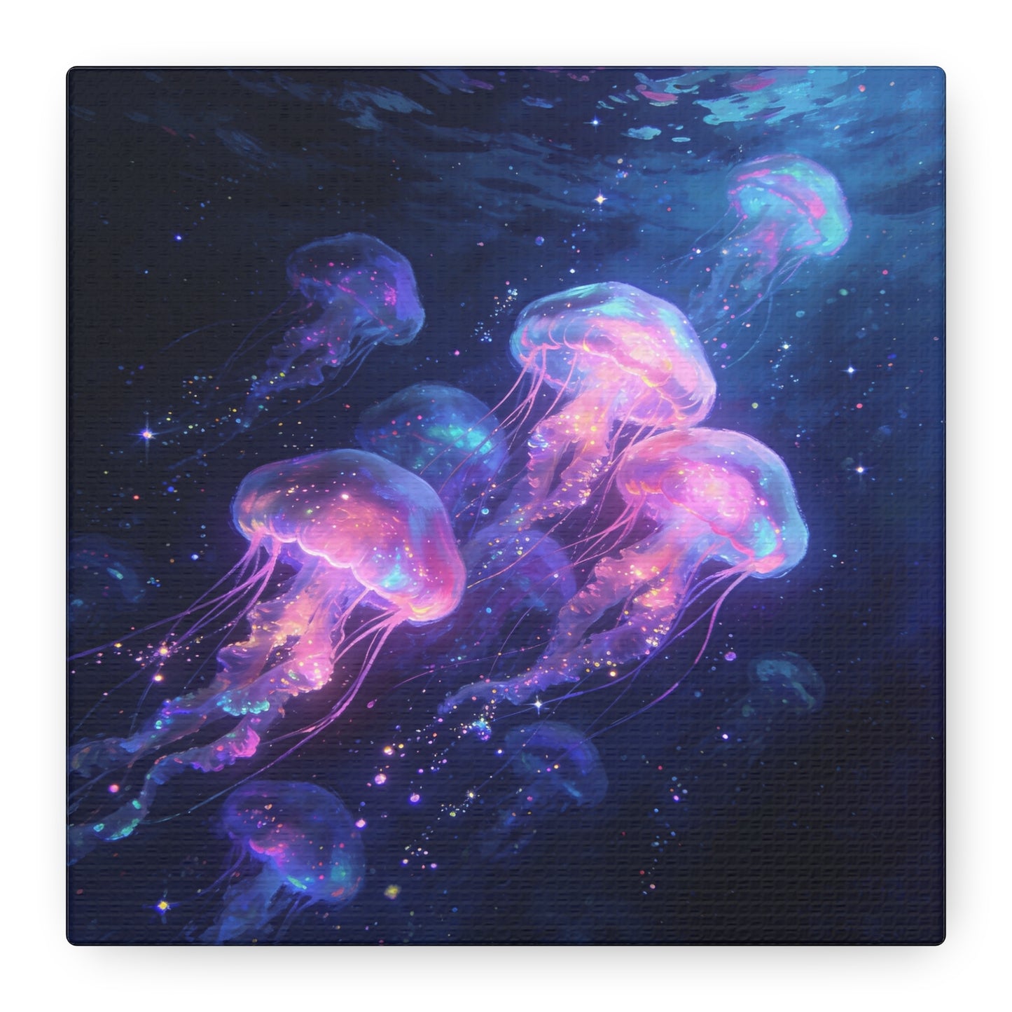 Glowing Jellyfish Canvas Wall Art - Ocean Fantasy Sea Life Decor, Luminous Pink Blue Artwork - Matte Canvas Print, Contemporary Style - Bedroom Wall Decor, Meditation Space Accent - Ready to Hang