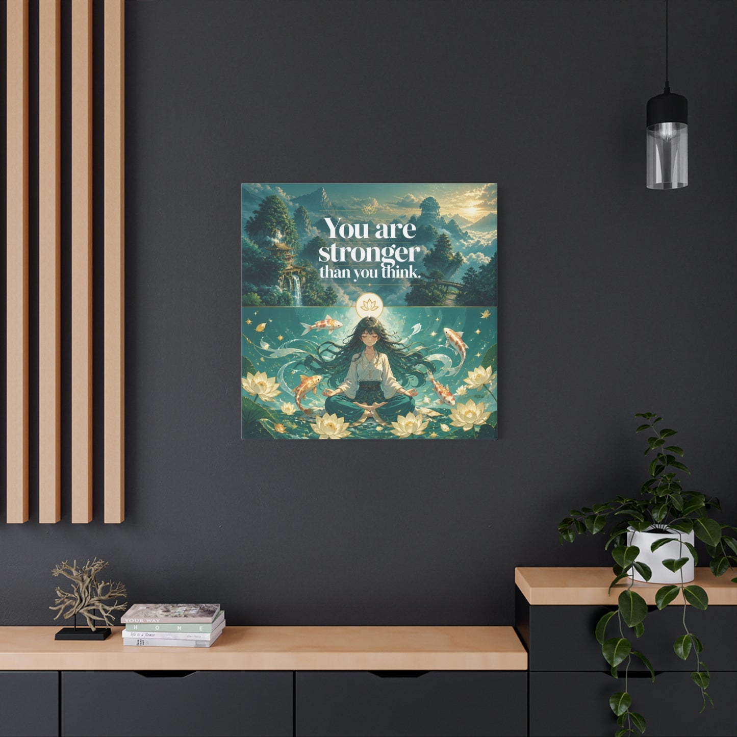 "You Are Stronger Than You Think." Inspirational Canvas Wall Art - Meditating Girl, Koi Fish, Lotus Lake - Zen Fantasy Landscape - Bedroom Wall Decor, Meditation Space, Jellyfish Room Decor