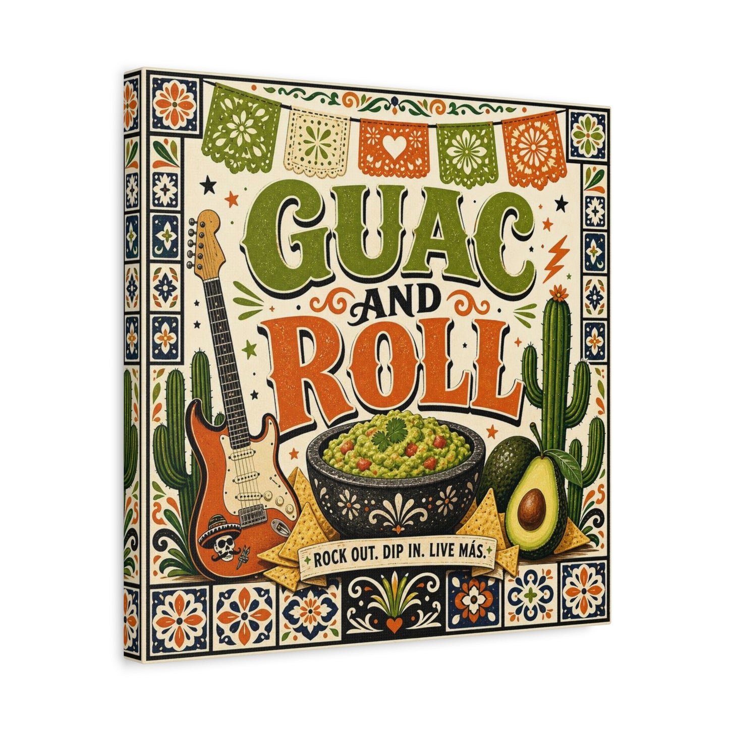 "Guac And Roll" Typography Canvas Wall Art - Fiesta Guitar, Cactus, Avocado Folk Illustration - Bohemian Rustic Style - Kitchen Wall Decor, Dining Room Accent, Cafe Wall Decor - Modern Farmhouse Style