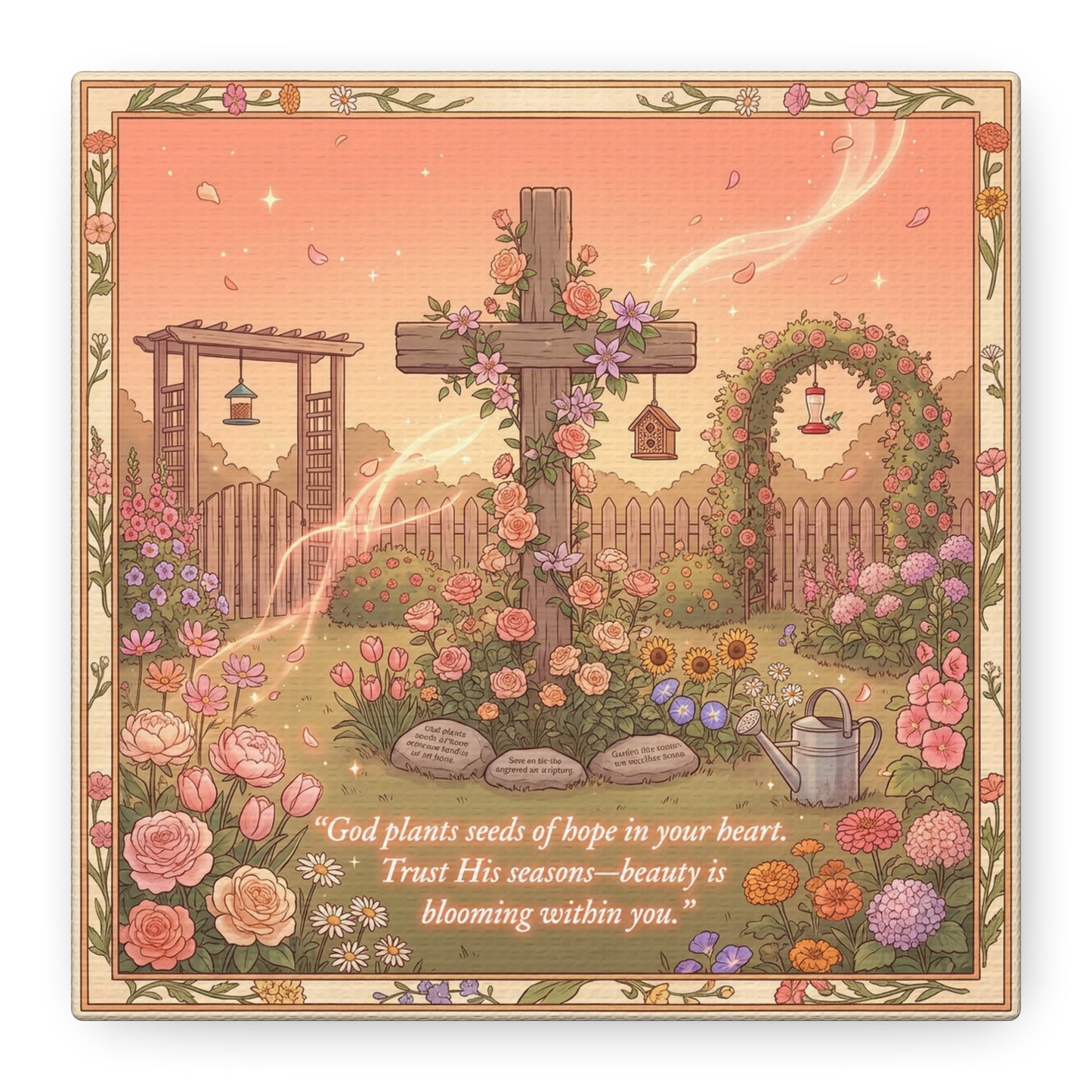 "God Plants Seeds Of Hope In Your Heart" Christian Canvas Wall Art - Floral Cross Garden Scripture Print, Matte Cotton Decor - Inspirational Bedroom Home Decoration, Living Room Accent - Ready to Hang