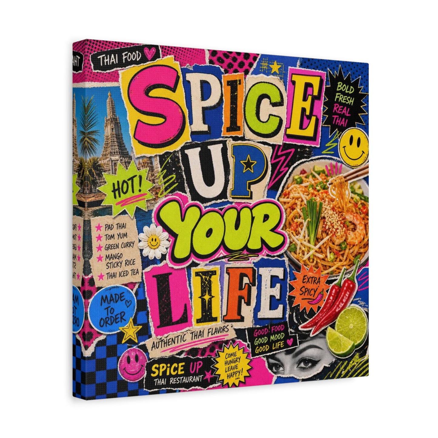 "Spice Up Your Life" Canvas Wall Art - Thai Food Pop Art Collage, Typography Print, Neon Color Street Poster Style, Cafe Decor, Dining Room Accent, Kitchen Wall Hanging, Contemporary - Ready to Hang