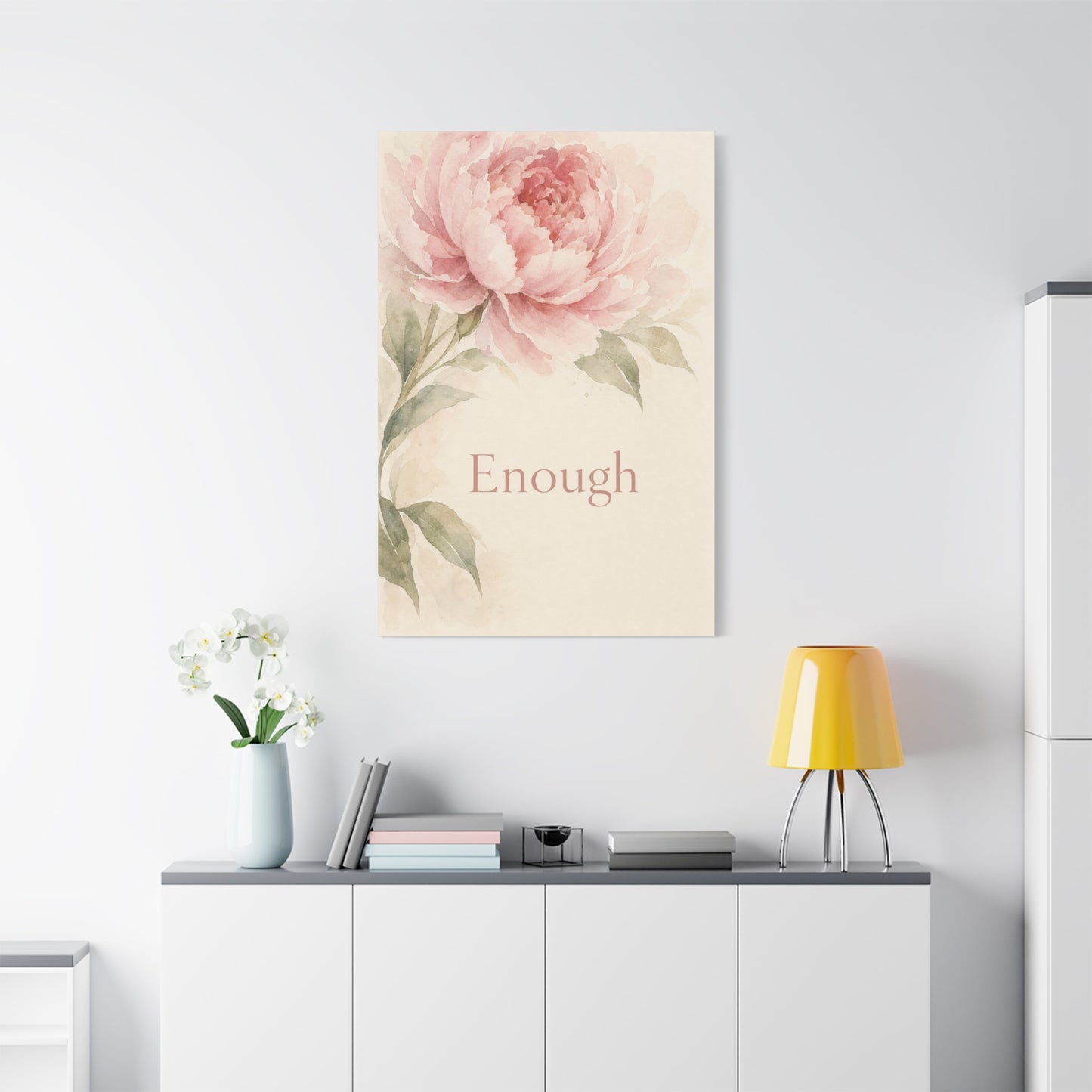 "Enough" Peony Canvas Wall Art - Pink Watercolor Floral Inspirational Print - Soft Botanical Bedroom Wall Decor - Feminine Home Decoration - Bedroom Home Decoration - Modern Farmhouse Style