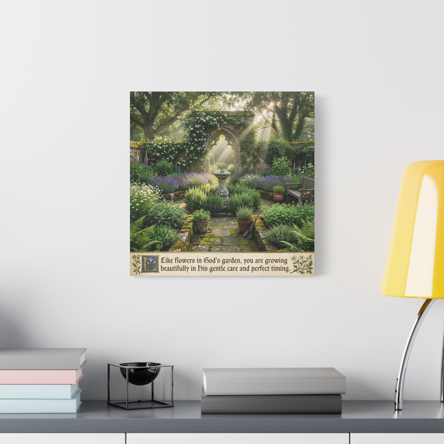 "Like Flowers In God's Garden, You Are Growing Beautifully In His Gentle Care And Divine Timing" Canvas Wall Art - Sunlit Garden Arch, Botanical Landscape Print - Living Room Decor - Office Wall Art