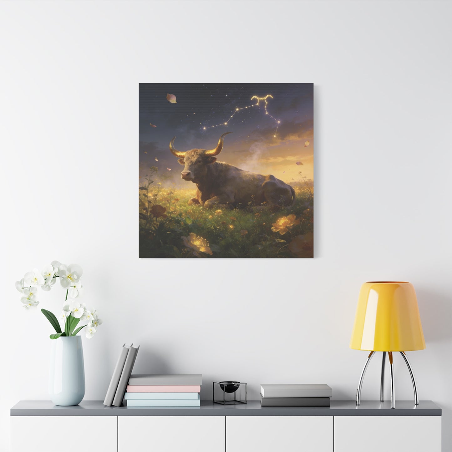 Taurus Zodiac Bull Canvas Wall Art - Celestial Constellation Night Meadow, Golden Horns, Dreamy Illustration - Matte Cotton Print - Bedroom Home Decoration, Office Wall Decor - Bedroom Home Decoration