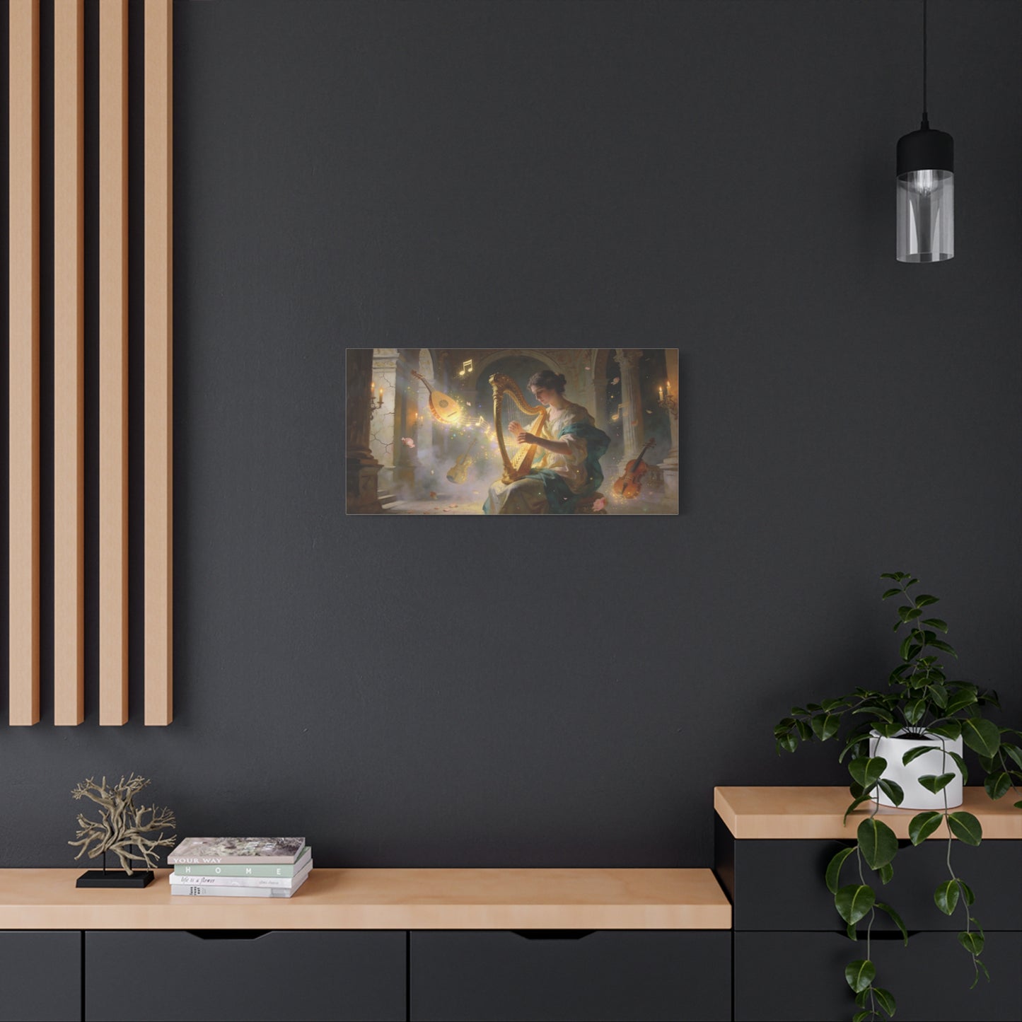 Woman Playing Harp Canvas Wall Art - Romantic Music Painting, Glowing Notes, Violin And Lute - Matte Cotton Print - Traditional Style, Living Room Wall Decor, Bedroom Accent - Bedroom Home Decoration