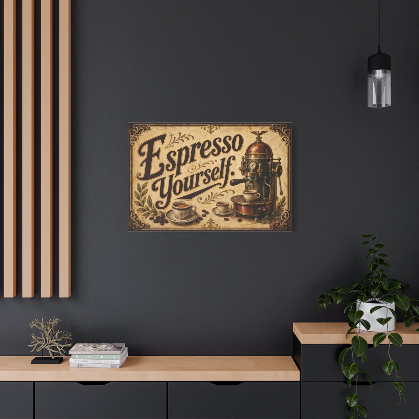 "Espresso Yourself" Coffee Canvas Wall Art - Vintage Espresso Machine Decor - Rustic Cafe Style Matte Print - Ready to Hang - Ready to Hang - Coffee Shop Decor - Cafe Wall Art - Gallery Wrapped Canvas