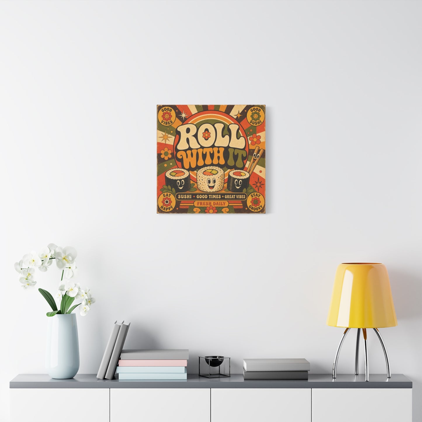 "Roll With It" Sushi Canvas Wall Art - Retro Typography Food Illustration, Groovy Orange Green Bohemian Print, Cafe Wall Decor, Kitchen Room Decoration, Vintage Poster Style - Bedroom Home Decoration