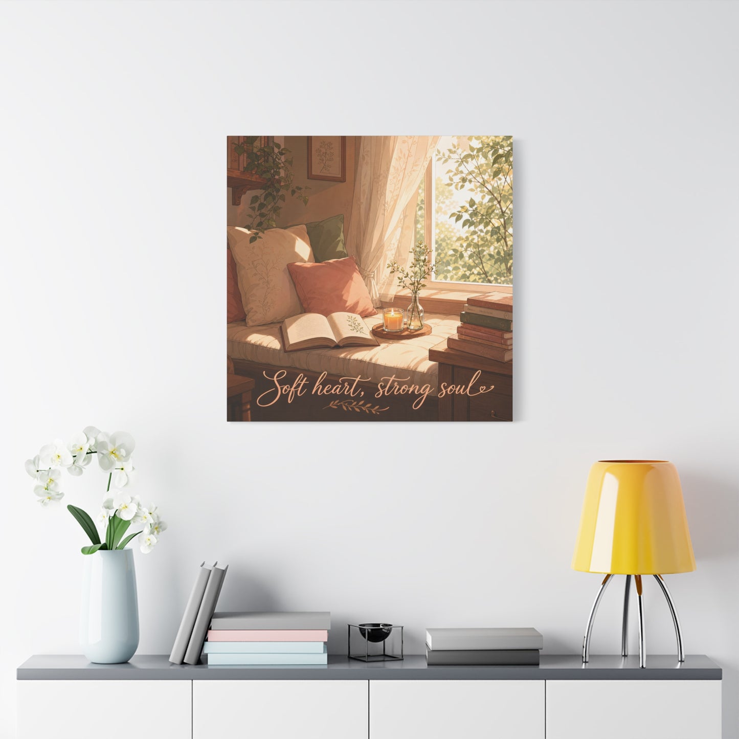 "Soft Heart, Strong Soul" Reading Nook Canvas Wall Art - Sunlit Window Seat, Books, Candle, Botanical Bedroom Decor - Cozy Cottagecore Style - Living Room Wall Decor - Bedroom Home Decoration