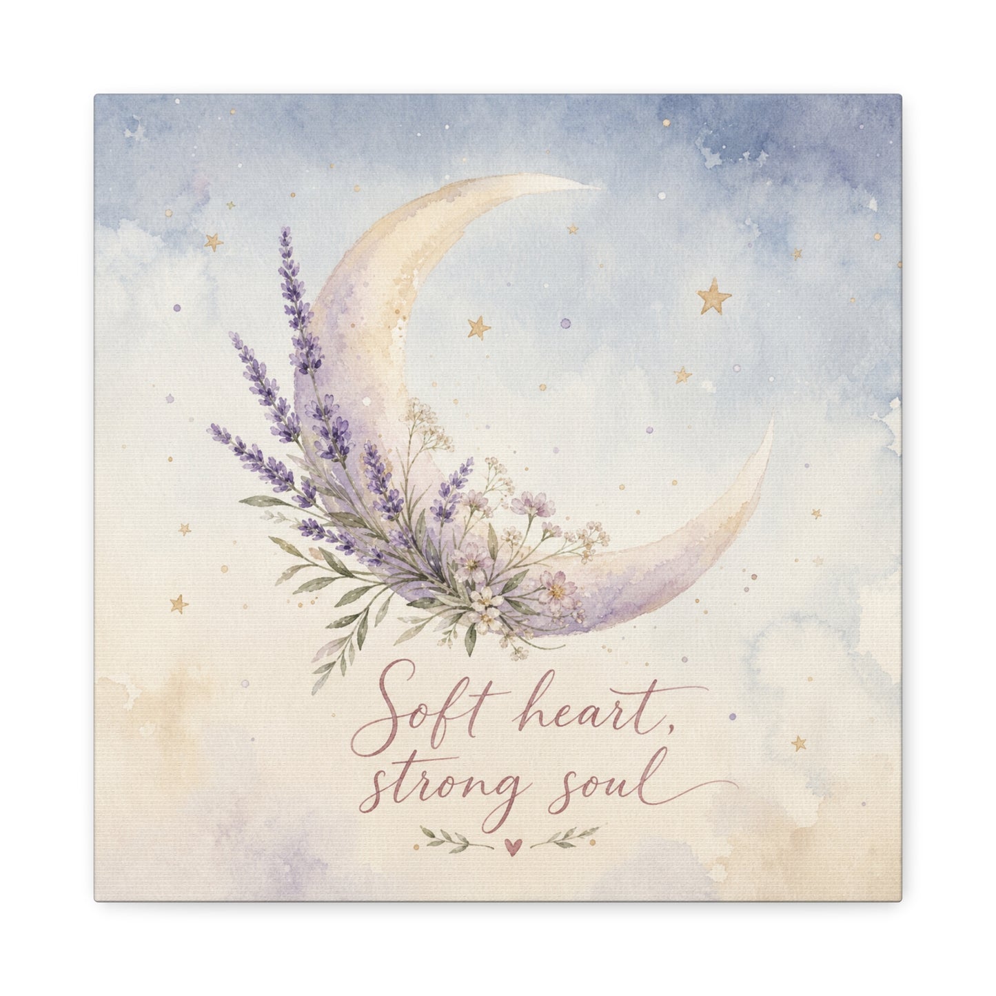 "Soft Heart, Strong Soul" Moon Canvas Wall Art - Lavender Floral Celestial Quote Print - Watercolor Nursery Bedroom Decor - Bohemian Home Decoration - Office Wall Art - Bedroom Home Decoration