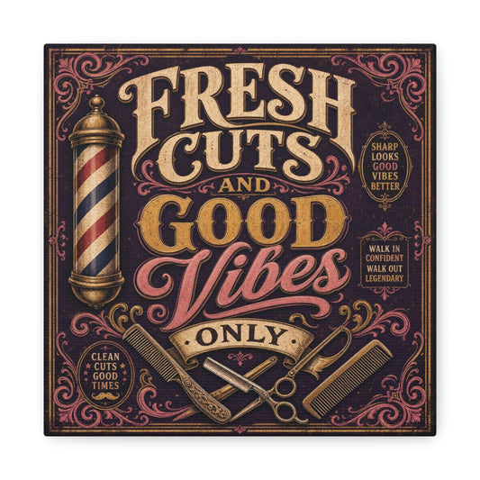 "Fresh Cuts And Good Vibes Only" Barber Shop Canvas Wall Art - Vintage Typography Salon Sign, Straight Razor And Pole Illustration, Rustic Barbershop Decor, Workspace Accent - Office Wall Art