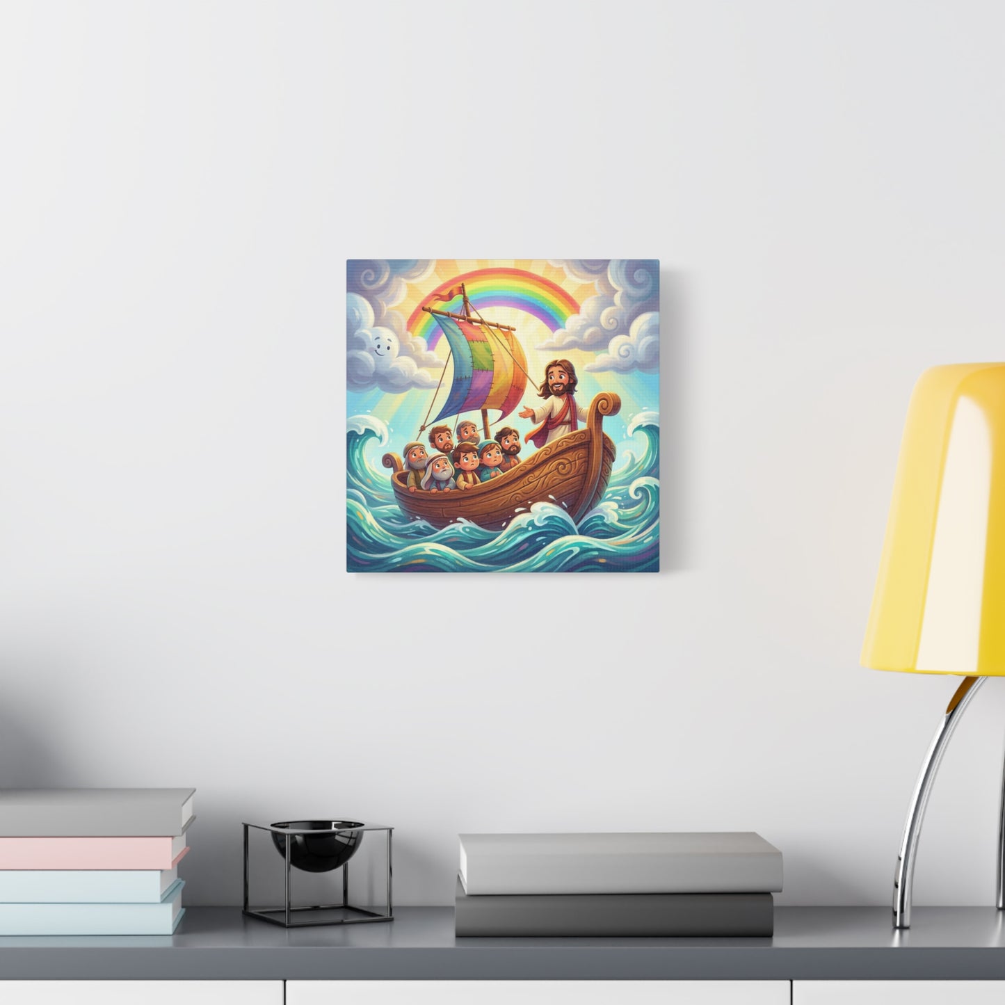 Jesus Boat Canvas Wall Art - Rainbow Sail, Disciples At Sea, Christian Nursery Decor - Matte Cotton Print - Whimsical Religious Style For Kids Bedroom Playroom Home Decoration - Living Room Wall Decor