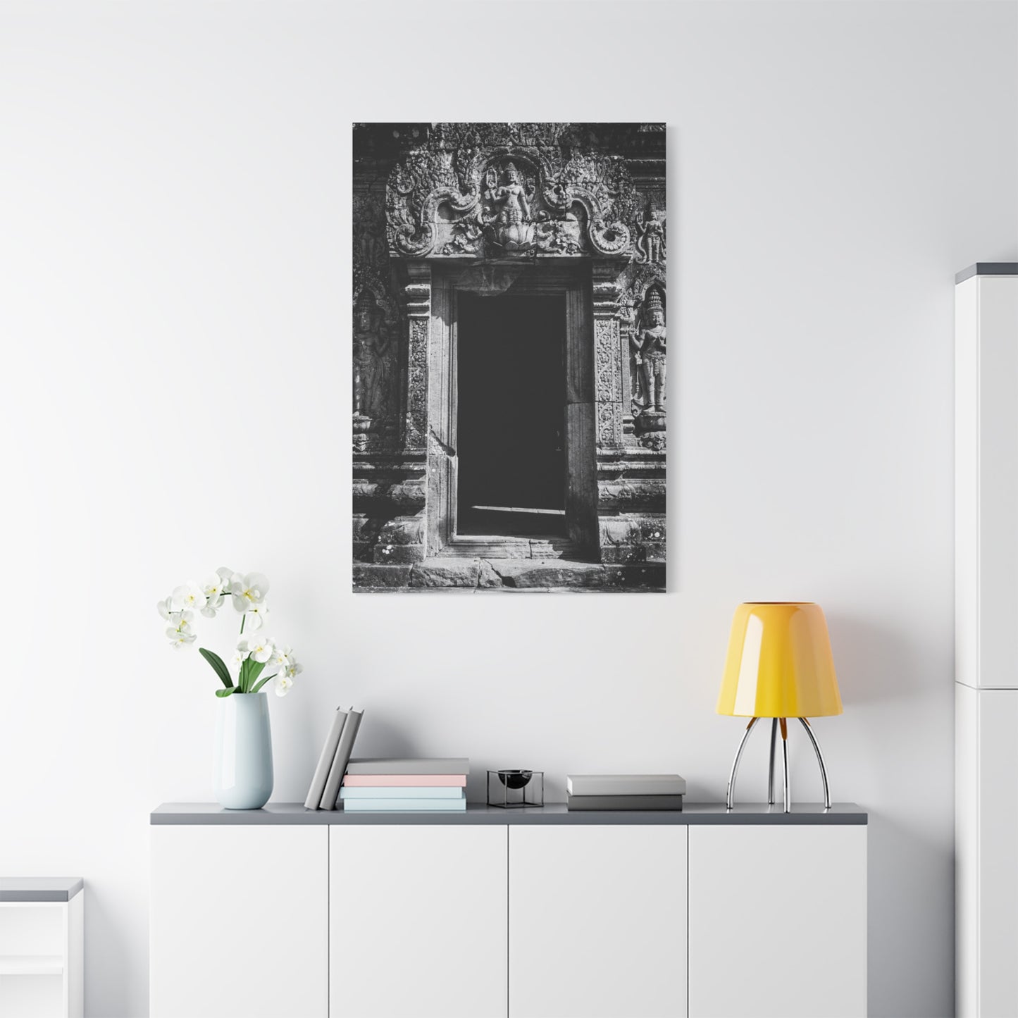 Buddhist Temple Doorway Canvas Wall Art - Black And White Stone Carving, Religious Architecture Print, Traditional Monochrome Decor - Living Room Wall Decor, Office Art - Bedroom Home Decoration