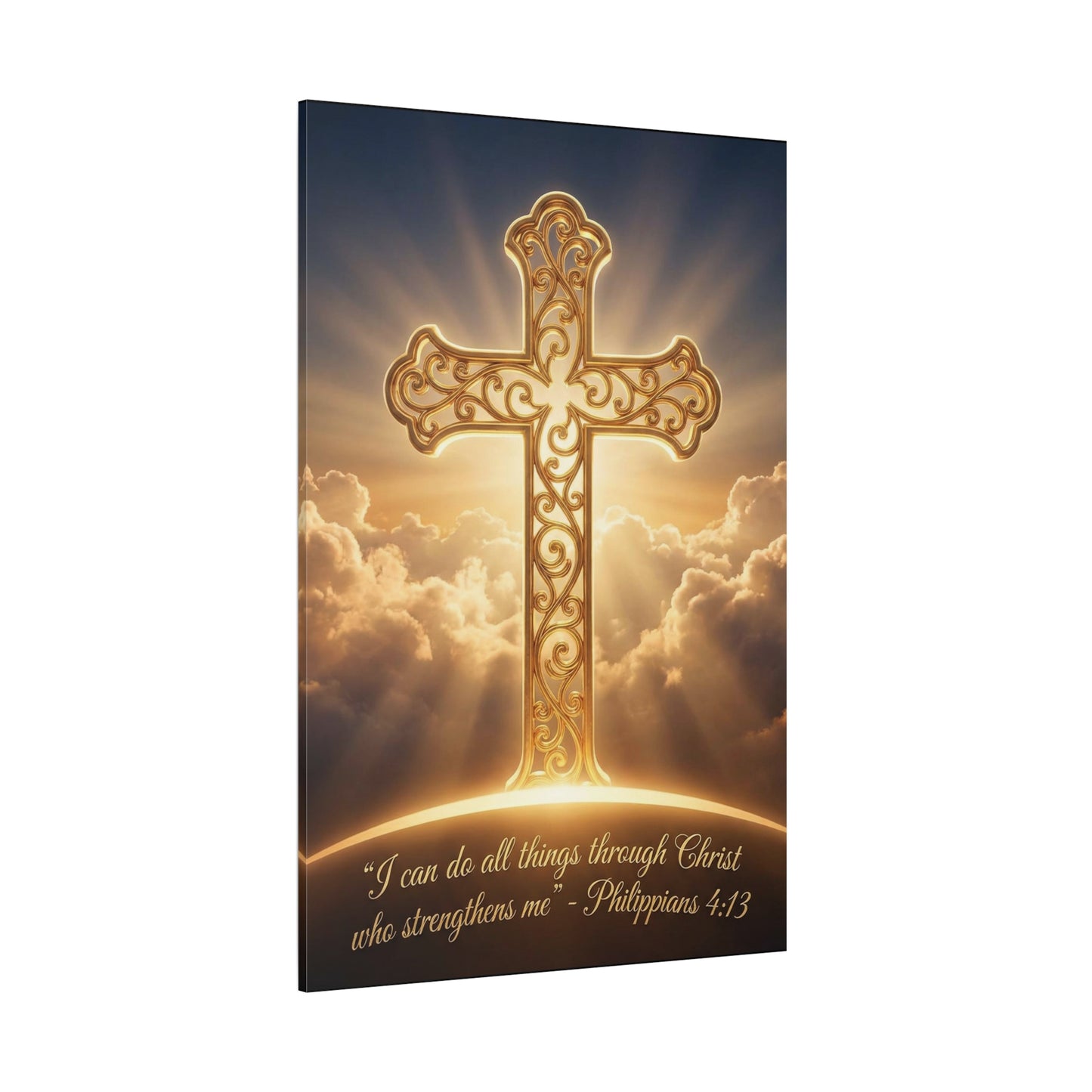 "I Can Do All Things Through Christ Who Strengthens Me" Cross Canvas Wall Art - Philippians 4:13 Scripture Decor, Golden Clouds Christian Wall Hanging, Bedroom Living Room - Bedroom Home Decoration