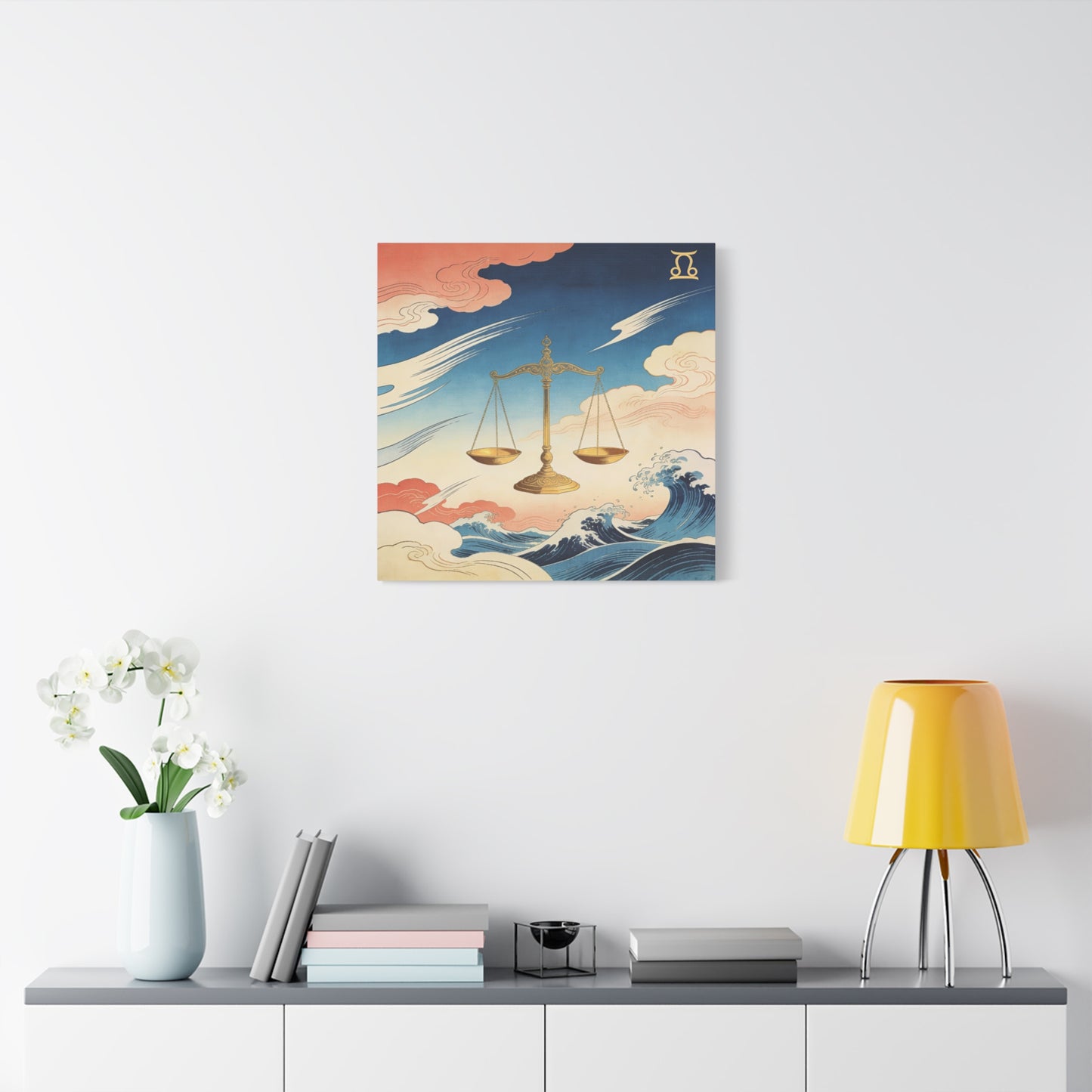 Libra Zodiac Canvas Wall Decor - Vintage Japanese Wave Scales Illustration - Celestial Astrology Print, Gold Balance Symbol, Traditional Style, Bedroom Home Decoration - Living Room Wall Decor