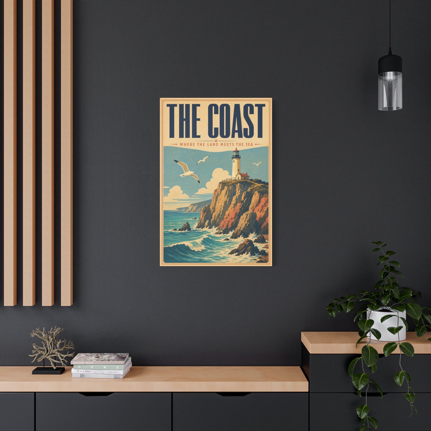 "The Coast Where The Land Meets The Sea" Canvas Wall Art - Vintage Lighthouse Seascape, Coastal Cliff Poster Style Print - Nautical Wall Decor, Beach House Living Room Decoration - Ready to Hang