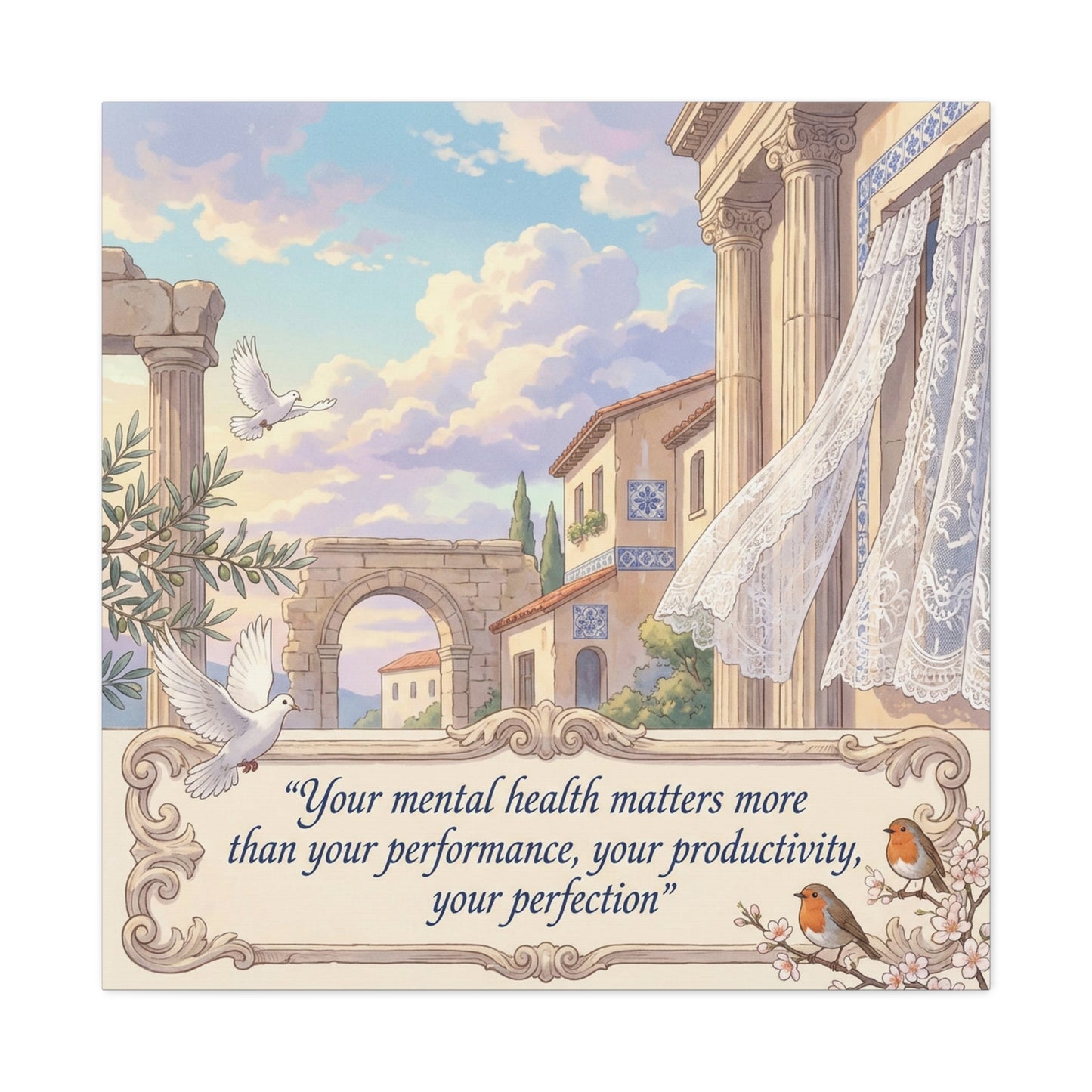"Your Mental Health Matters More Than Your Performance, Productivity, Perfection" Canvas Wall Art - Dove Courtyard Quote Print - Pastel Mediterranean Decor - Bedroom Office Wall Hanging