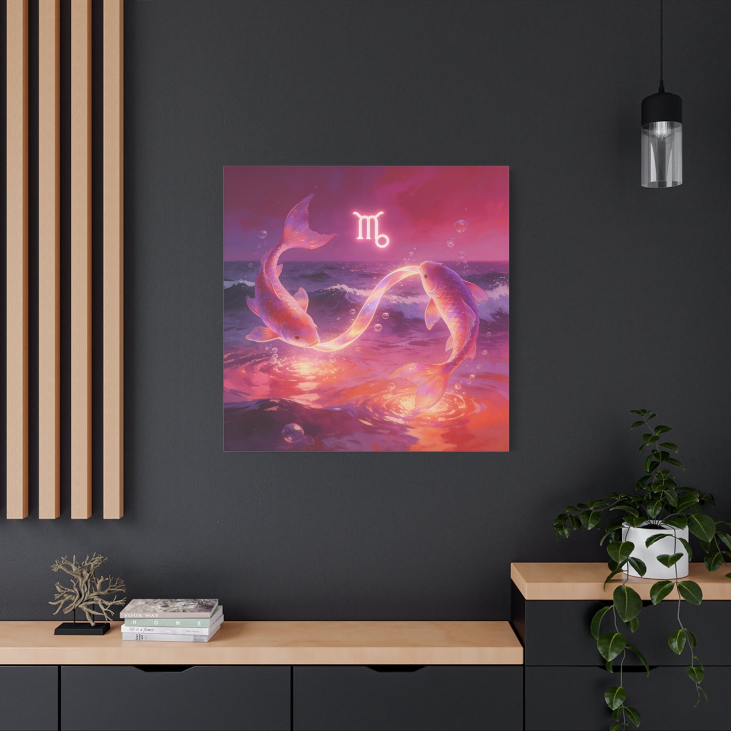 Scorpio Zodiac Canvas Wall Art - Glowing Koi Fish Ocean Illustration, Pink Purple Celestial Water Scene - Modern Fantasy Decor - Bedroom Home Decoration, Living Room Accent - Living Room Wall Decor