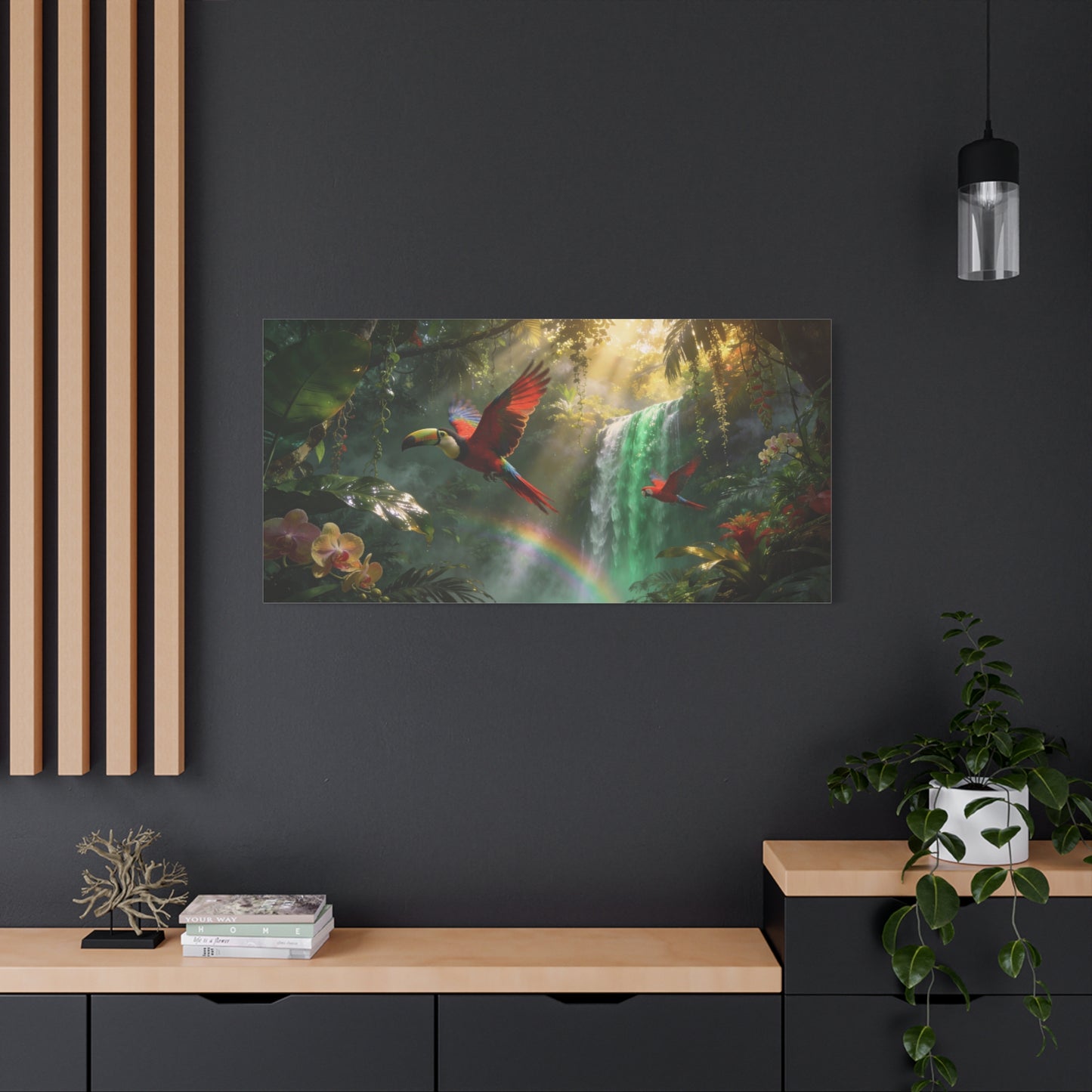 Scarlet Macaw Canvas Wall Art - Tropical Rainforest Waterfall Birds, Lush Jungle Scene, Matte Finish Canvas Print, Contemporary Nature Wall Decor For Living Room Bedroom Office - Cozy Reading Nook Art