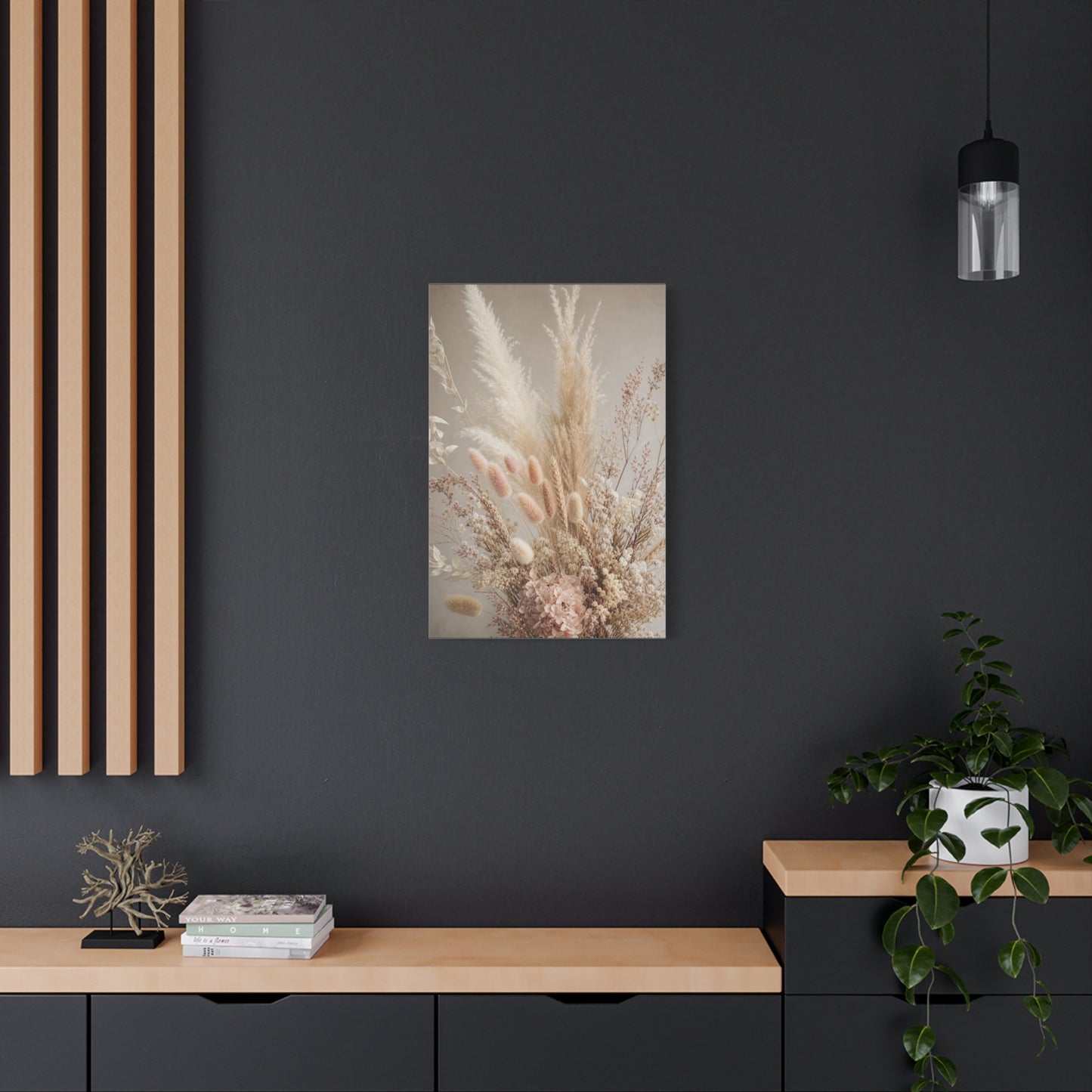 Dried Pampas Grass Floral Canvas Wall Art - Neutral Botanical Bouquet, Blush Bunny Tail Stems, Cotton Canvas Print - Bohemian Farmhouse Style - Bedroom Wall Decor, Spa Accent - Bedroom Home Decoration