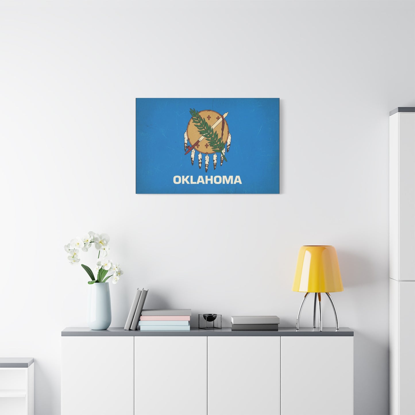 "OKLAHOMA" State Flag Canvas Wall Art - Vintage Blue Shield, Olive Branch And Peace Pipe Print - Rustic Americana Style - Living Room Decor, Office Wall Accent - Ready to Hang - Modern Farmhouse Style