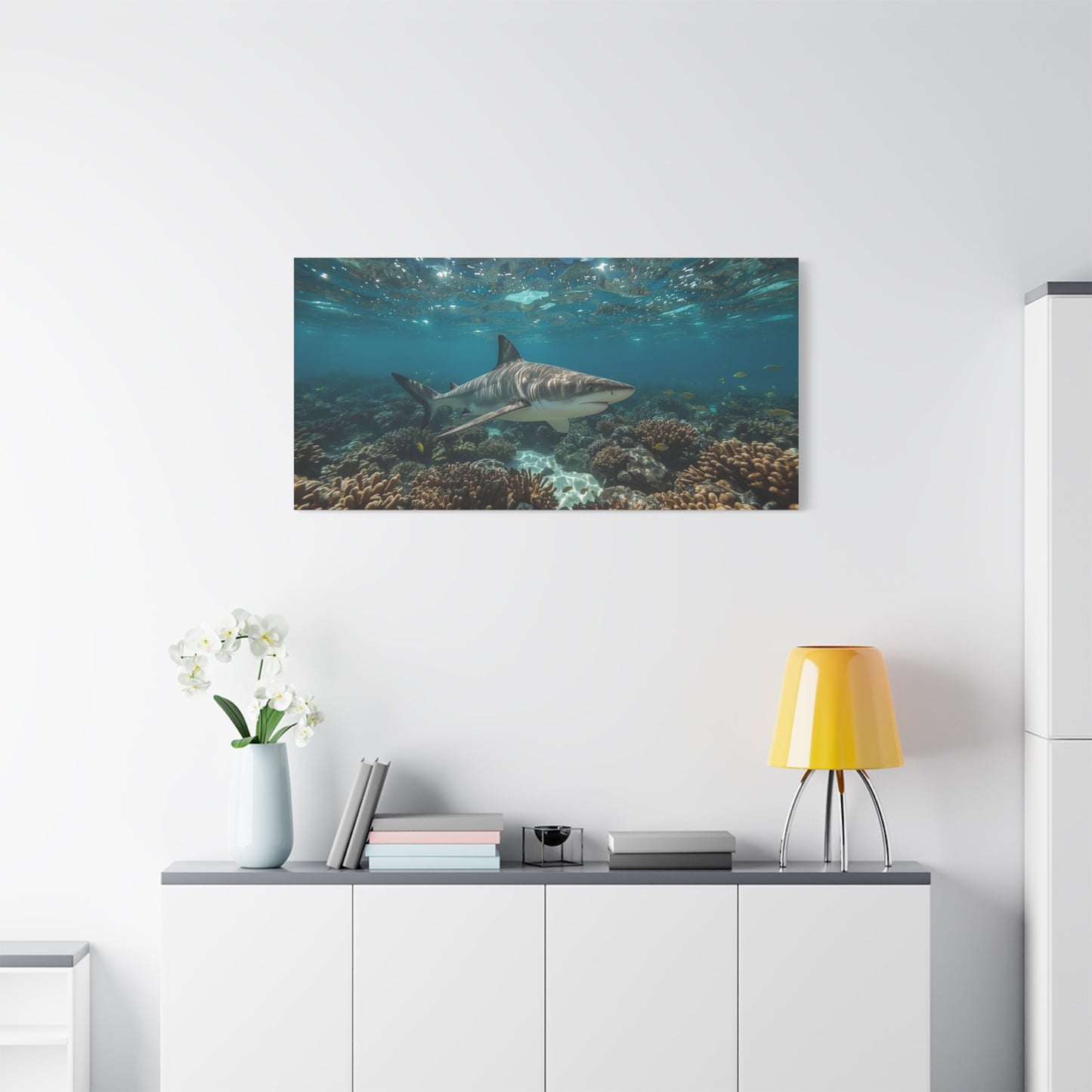 Tiger Shark Canvas Wall Art - Underwater Coral Reef Ocean Art Print, Blue Coastal Wall Decor - Matte Canvas Seascape - Living Room Home Decoration, Office Art - Bedroom Home Decoration