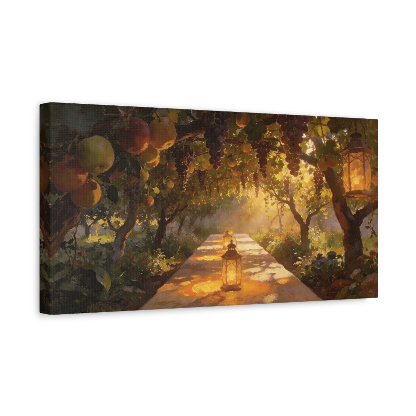 Fruit Orchard Canvas Wall Art - Lantern Lit Garden Path, Grape Vine And Apple Tree Painting - Matte Cotton Print, Rustic Traditional Style - Living Room Wall Decor, Bedroom Accent - Ready to Hang