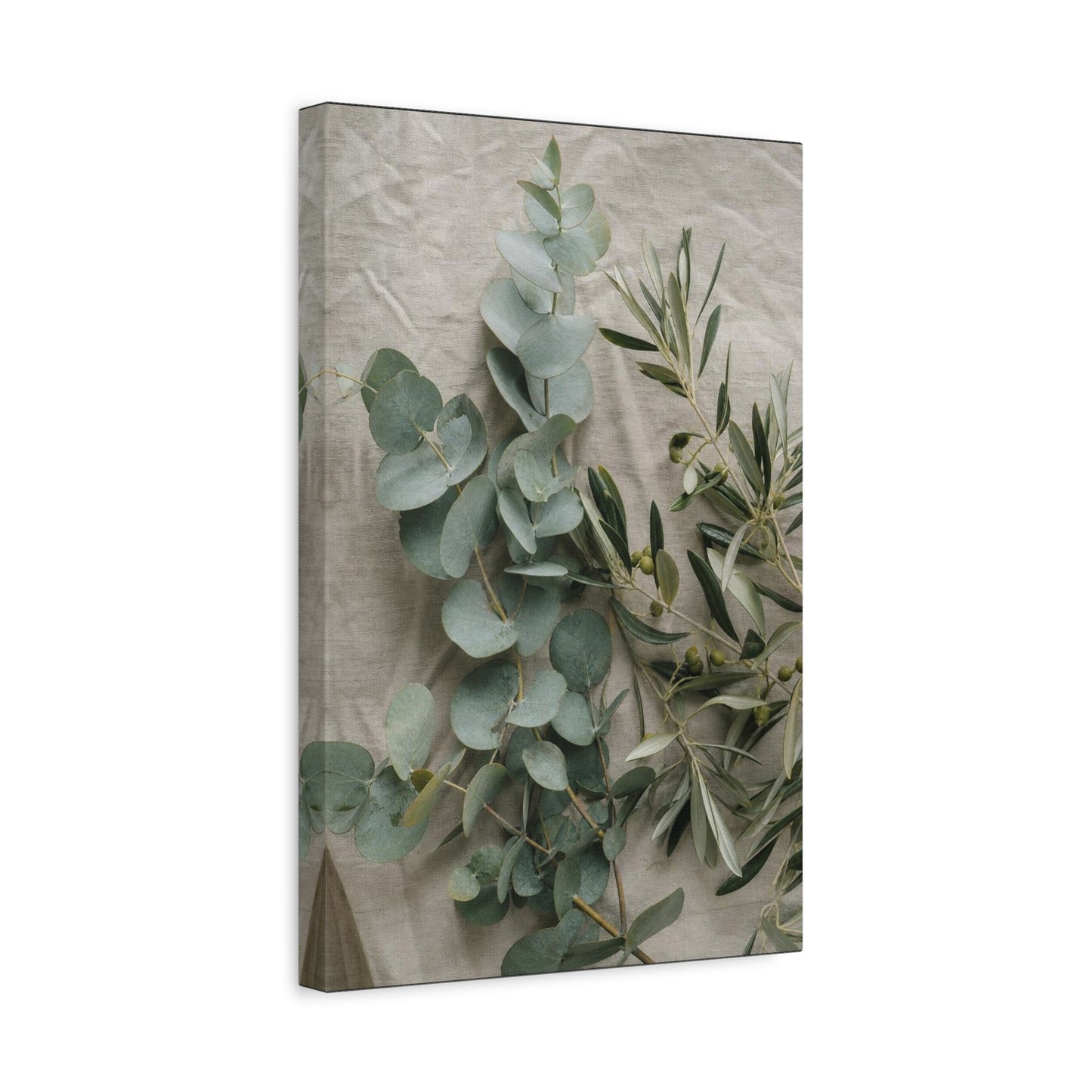 Eucalyptus And Olive Branch Canvas Wall Art - Botanical Still Life, Soft Sage Beige Tones - Matte Cotton Print, Minimalist Traditional Style - Bedroom Decoration, Spa Accent - Living Room Wall Decor