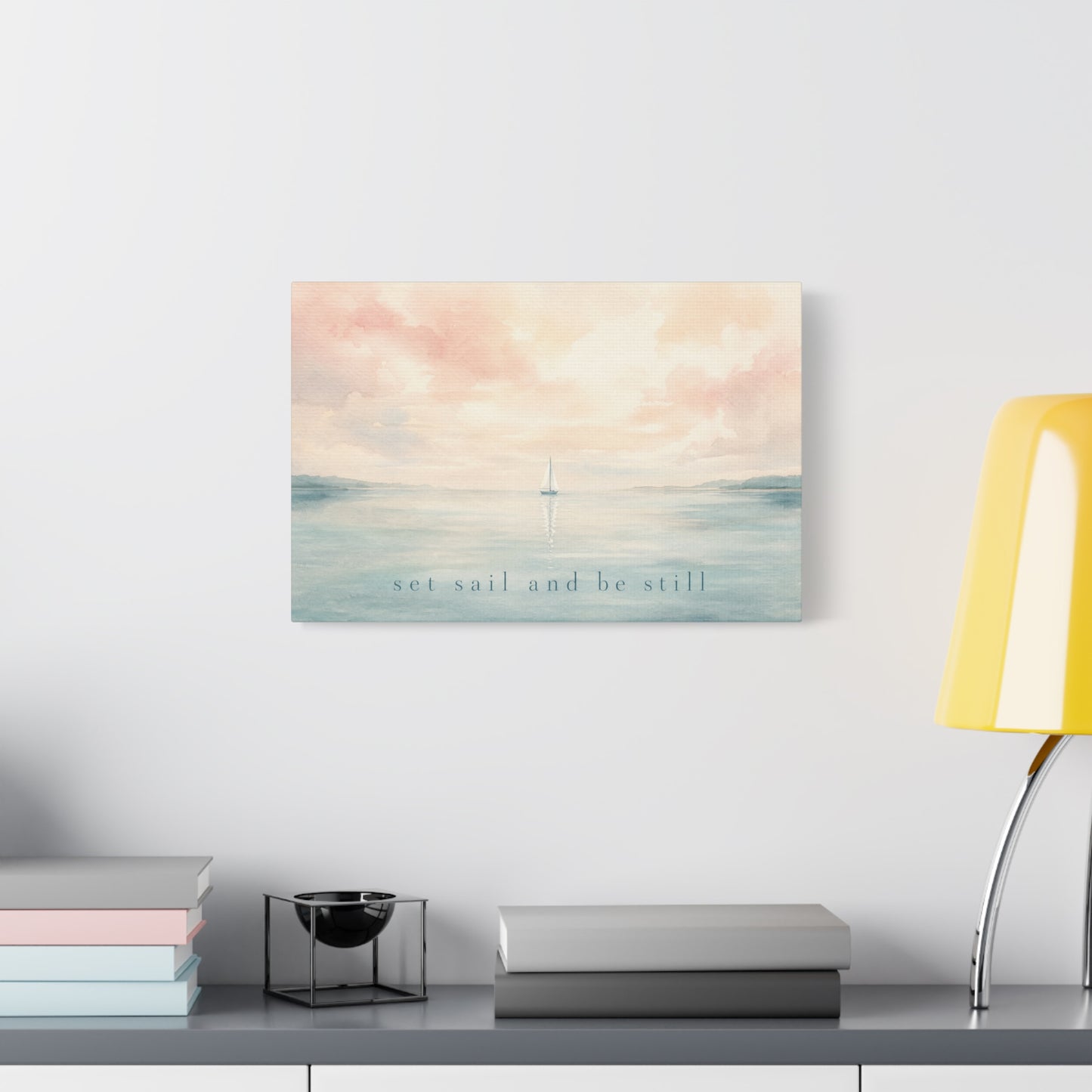 "Set Sail And Be Still" Sailboat Canvas Wall Art - Coastal Seascape Quote Print, Soft Pastel Watercolor, Serene Bedroom Decor, Living Room Wall Decor, Meditation Space Home Accent - Ready to Hang